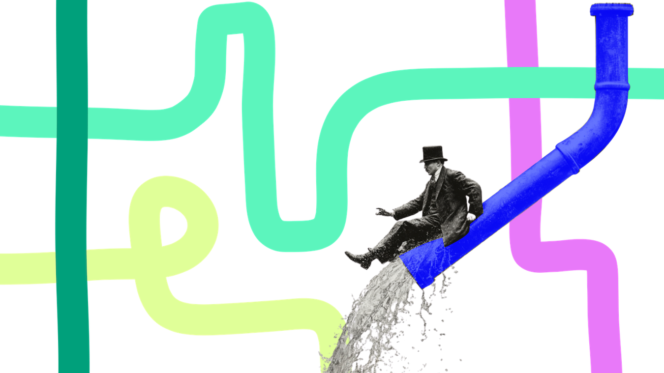 A black and white vintage photograph of a man in a suit and hat, sitting on a large blue pipe with water flowing out, against a colorful, abstract background of interconnected pipes in pastel colors.