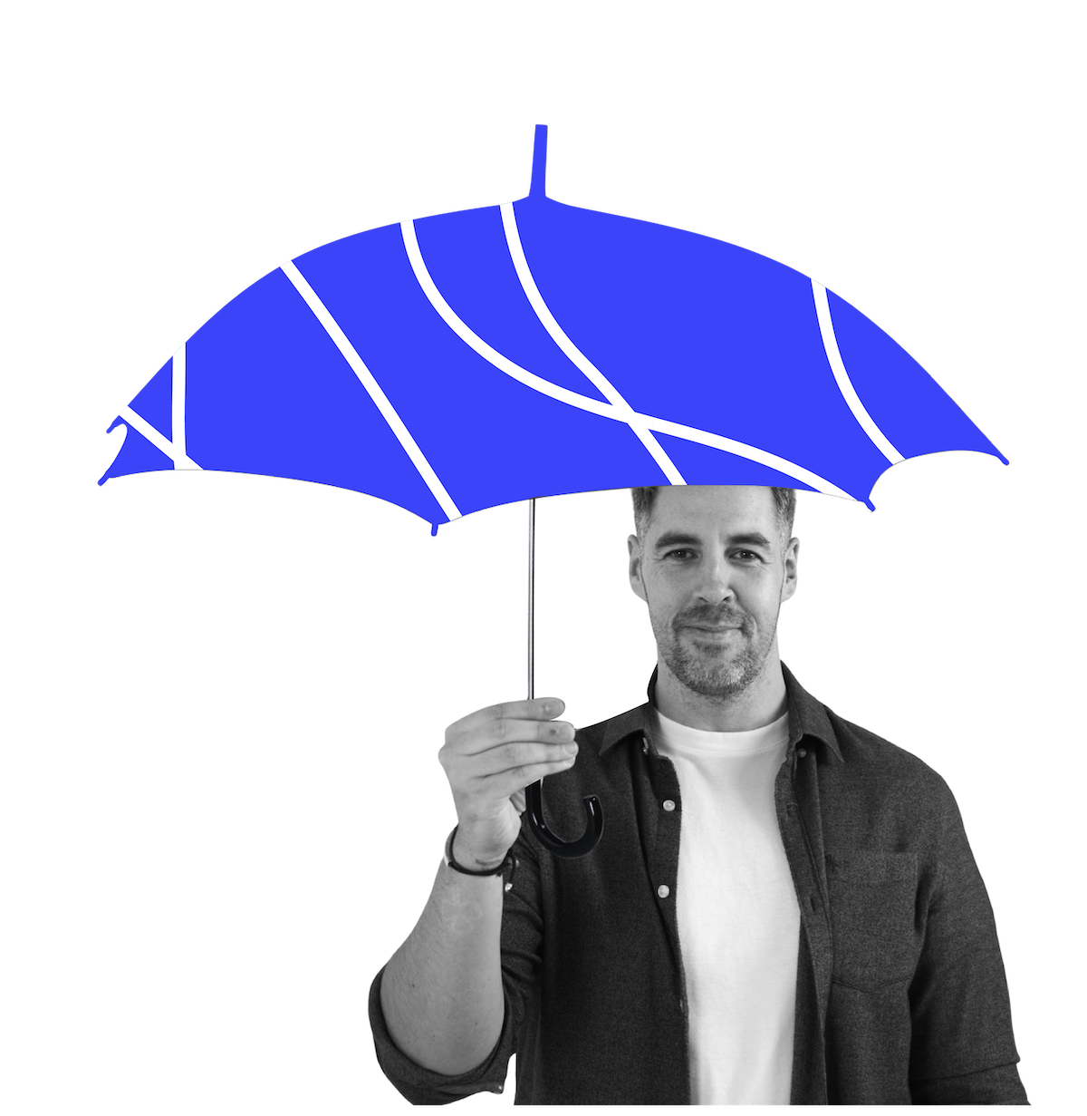 A man holding a blue umbrella with white streaks, black and white clothing, and a smile, standing against a plain white background.