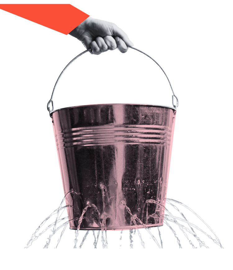 A hand holding a white bucket with water pouring out, creating streams of water splashing down.