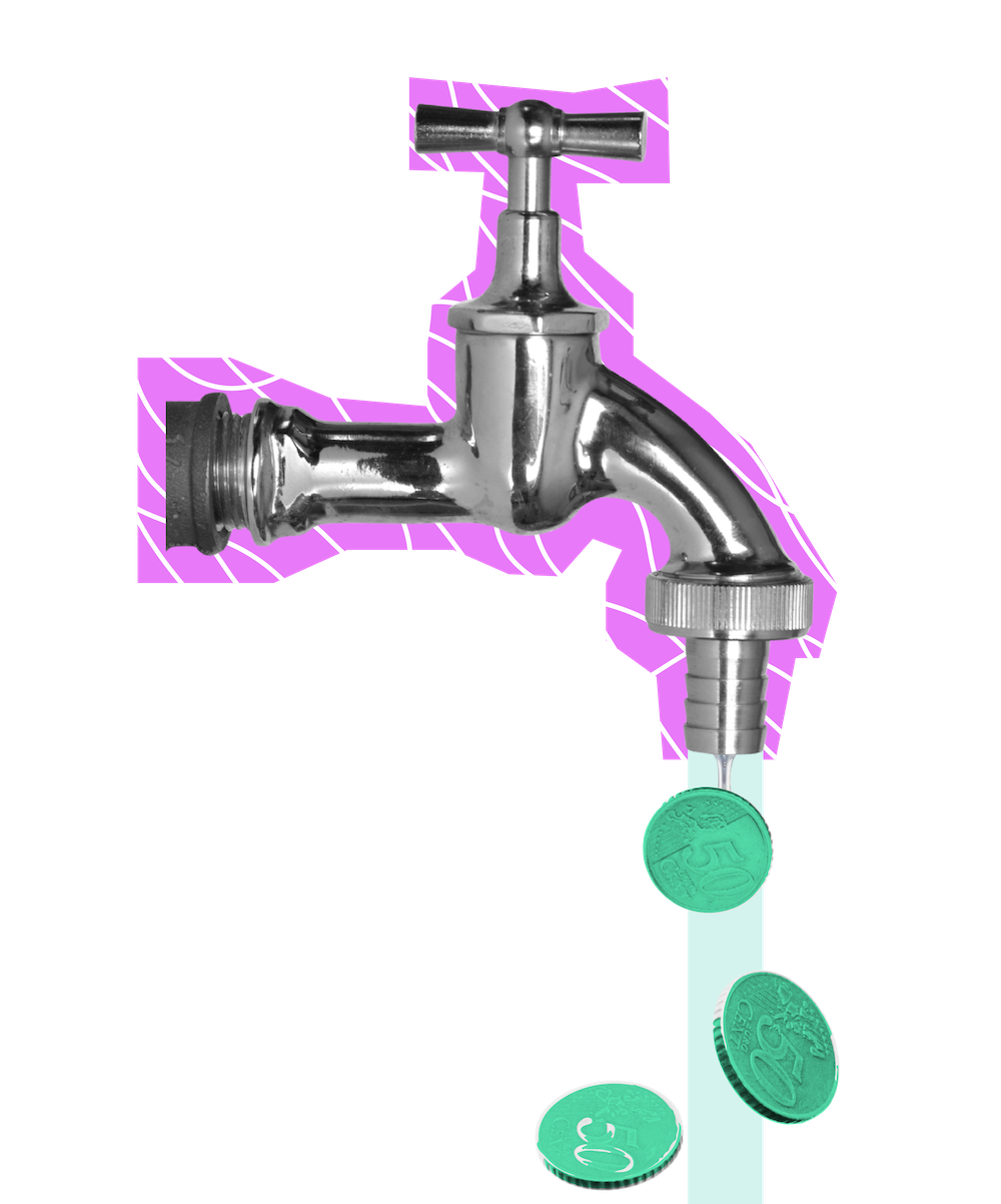 A metal faucet with coins falling from its spout.