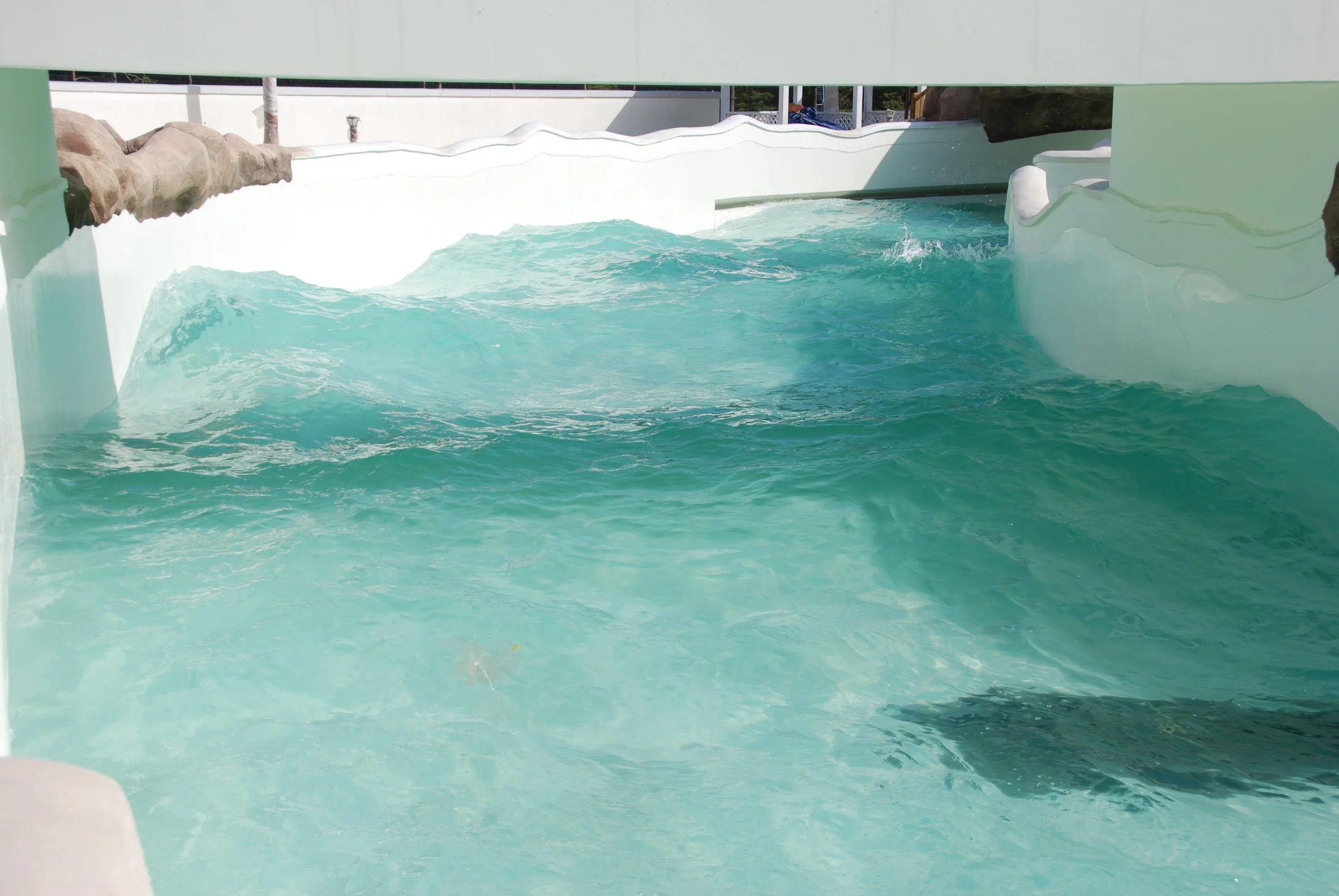 Blick auf ein blaues Wasserbecken mit einer Rutsche. Das Wasser ist klar und leicht bewegt.