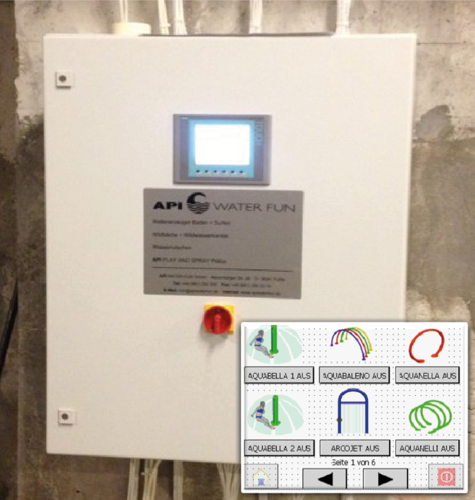 Ein Wassersteuerungsgerät mit Digitalanzeige und bunten Wasseranimationssymbolen auf einem Touchscreen. Manche Funktionen sind deaktiviert, andere sind aktiv.