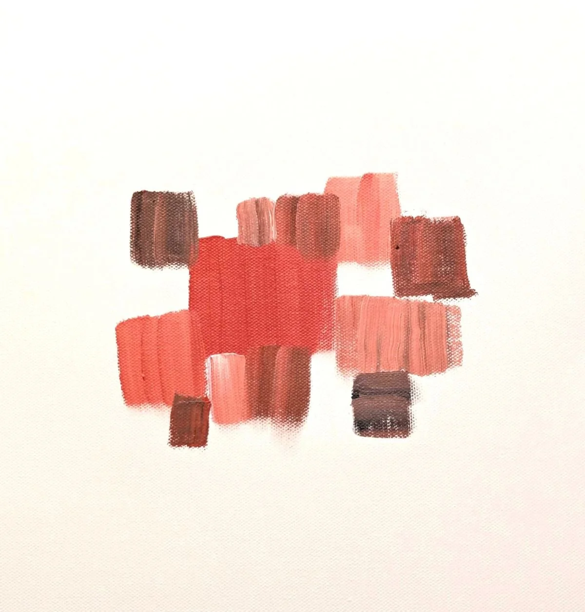 Abstract painting with rectangular shapes in pink, red, and brown on a white background.