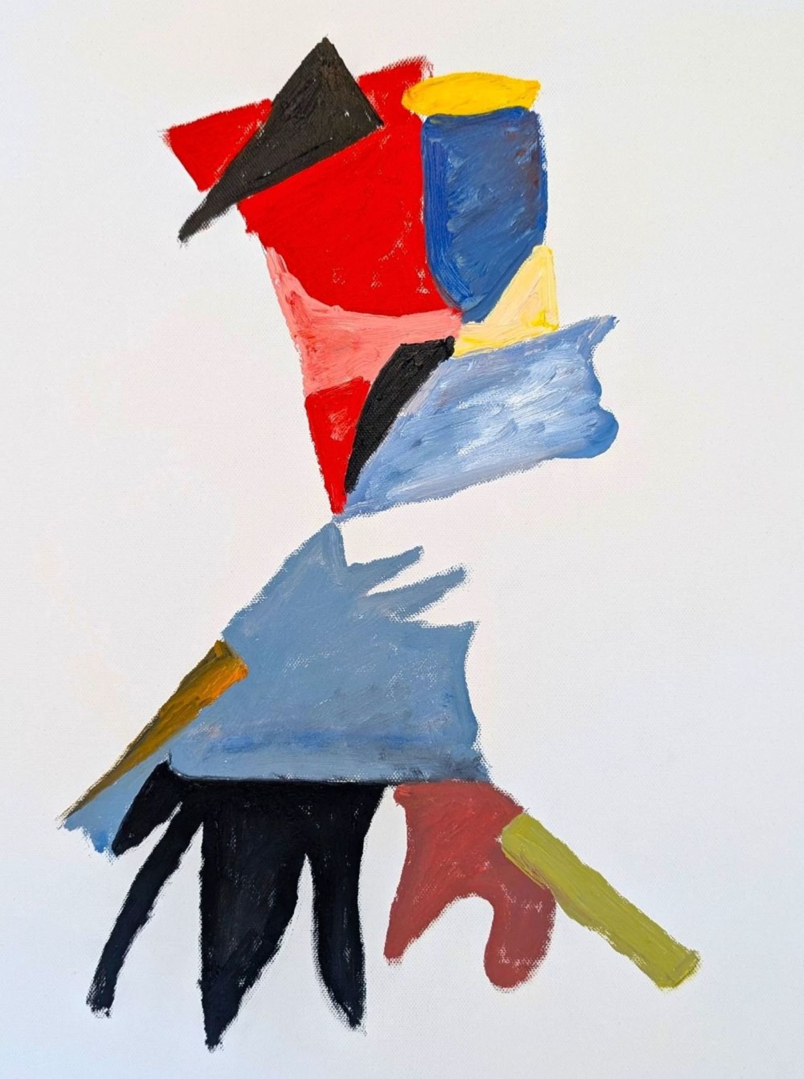 Abstract colorful painting with red, black, yellow, blue, and black strokes on white background.