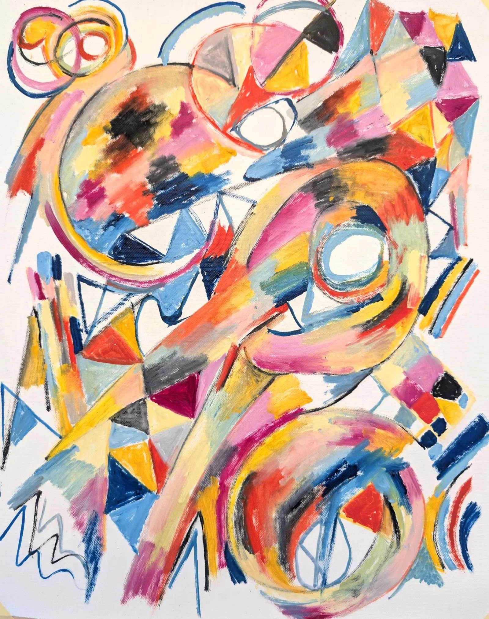 Abstract, colourful and dynamic oil painting from 2025 with the title Party Time.