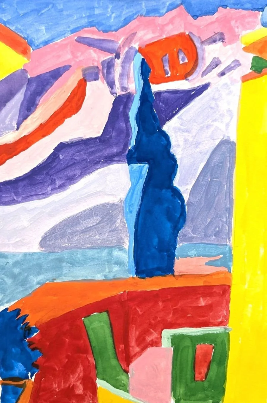 A gouache painting from 2025 featuring a colourful landscape in Ticino with mountains, palm tree, garden and house.