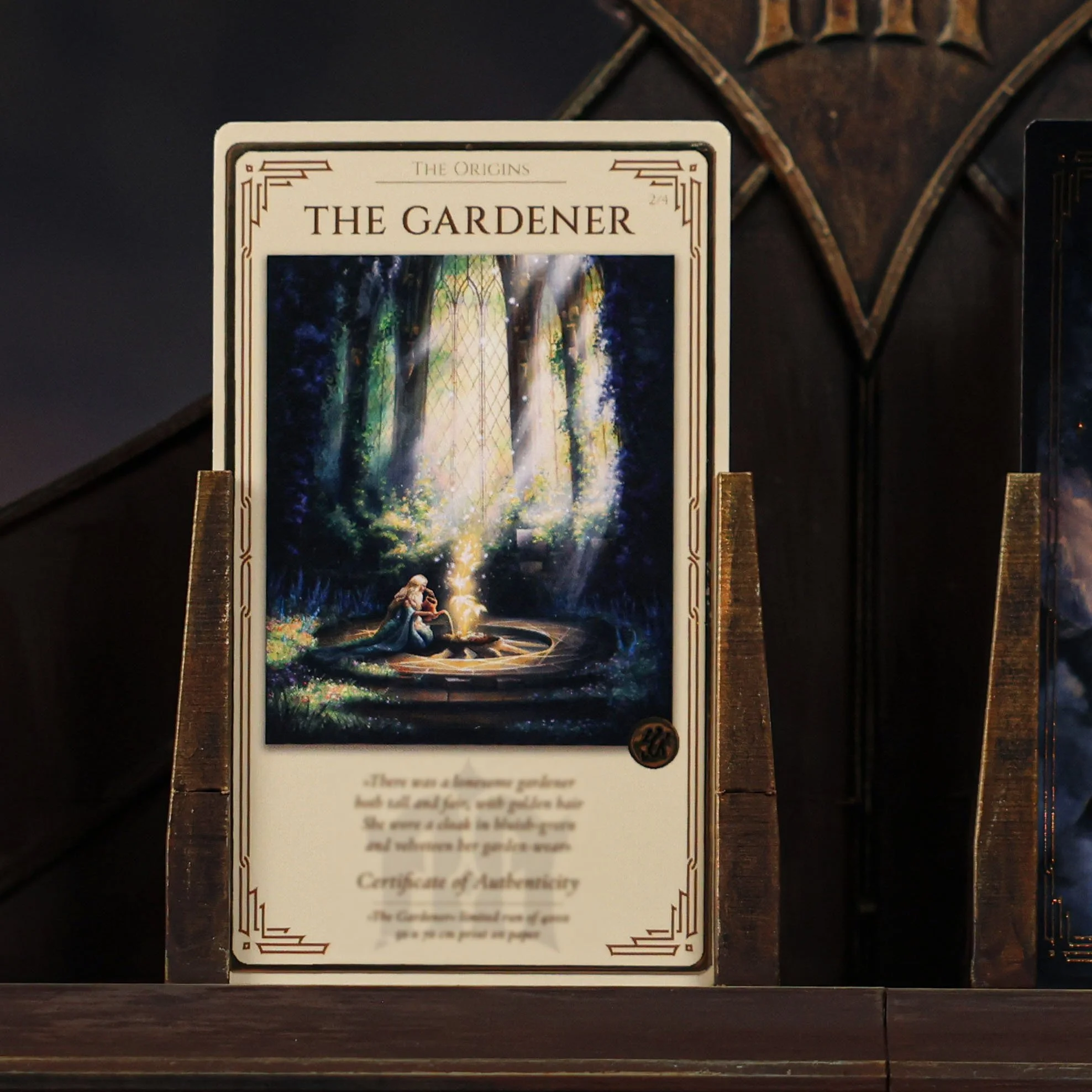 A card of authenticity titled 'The Gardener' featuring a woman sitting in a fantasy sunlit garden.