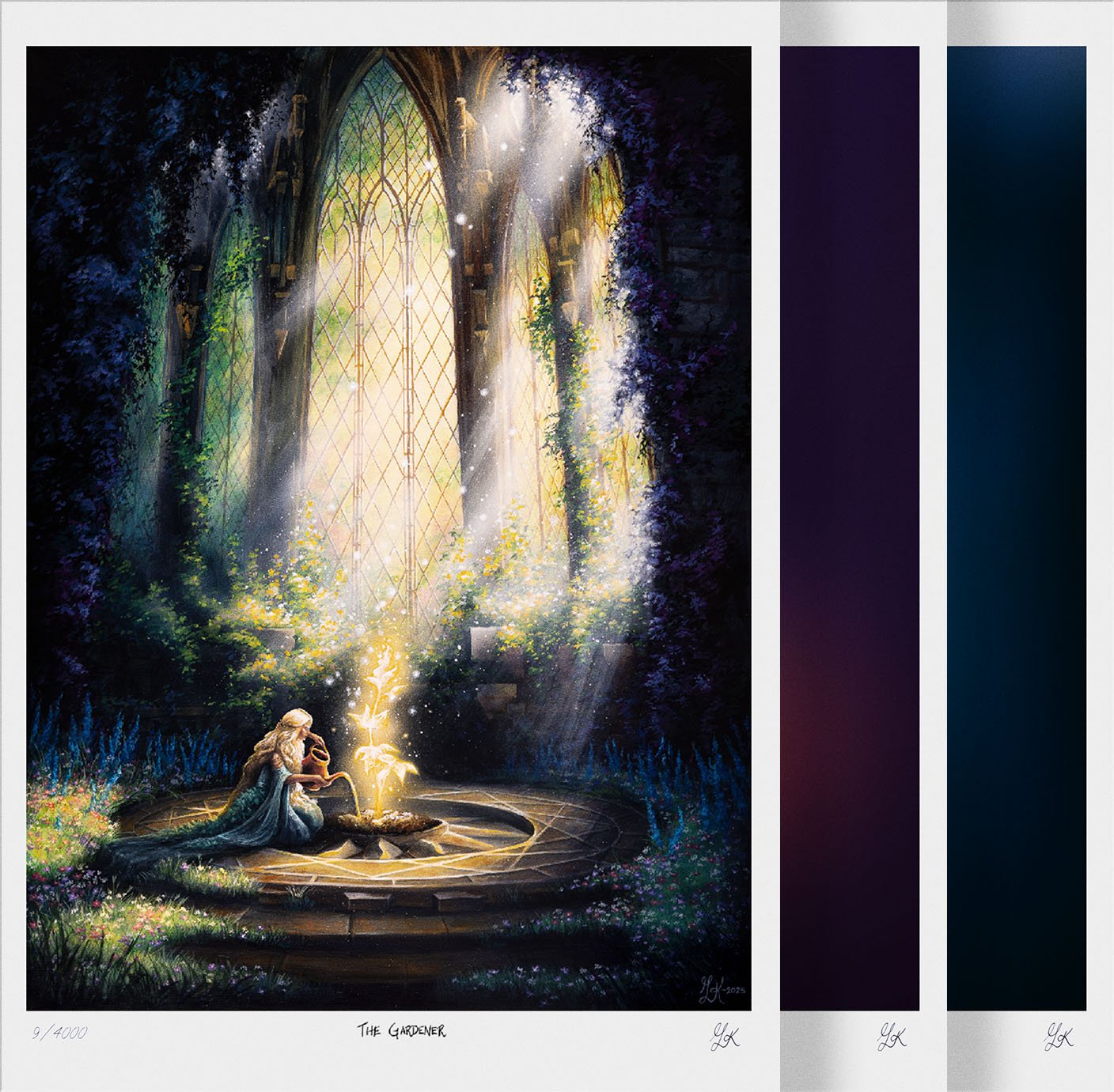 The current painting "The Gardener" with the two future prints stacked behind