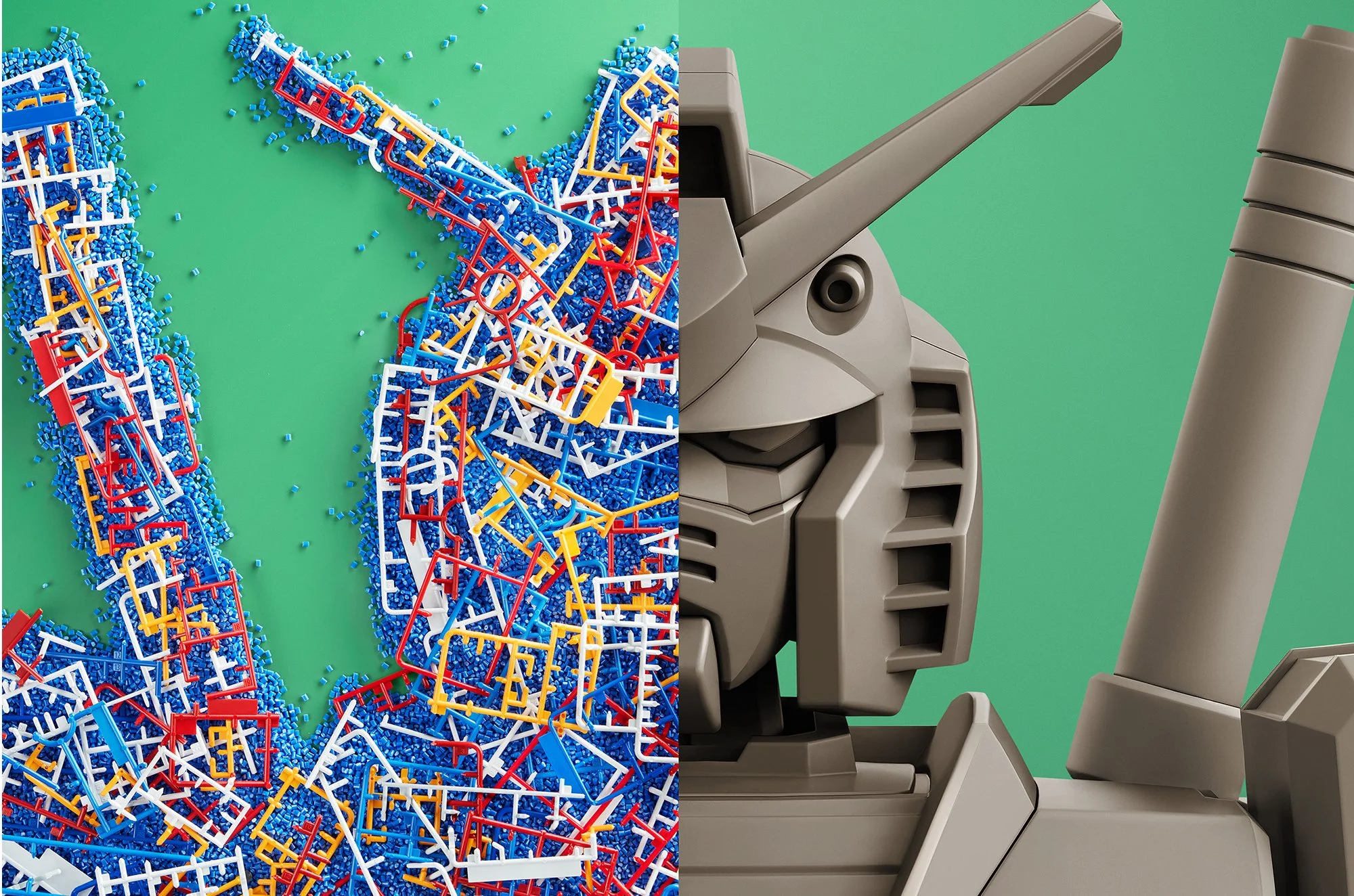 Image of the RX-78-2 Gunpla, with half assembled of Gunpla runners.