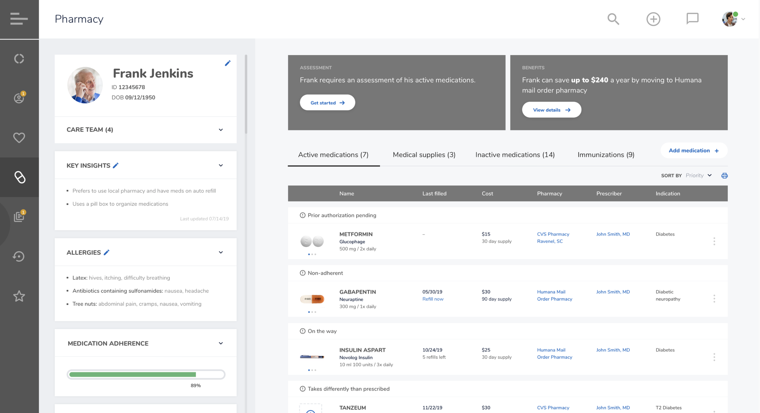 Screenshot of a digital patient health record for Frank Jenkins, showing personal info, key health insights, allergies, medication adherence, and medication list including prescriptions for Metformin, Gabapentin, Insulin Aspart, and Tanzeum.