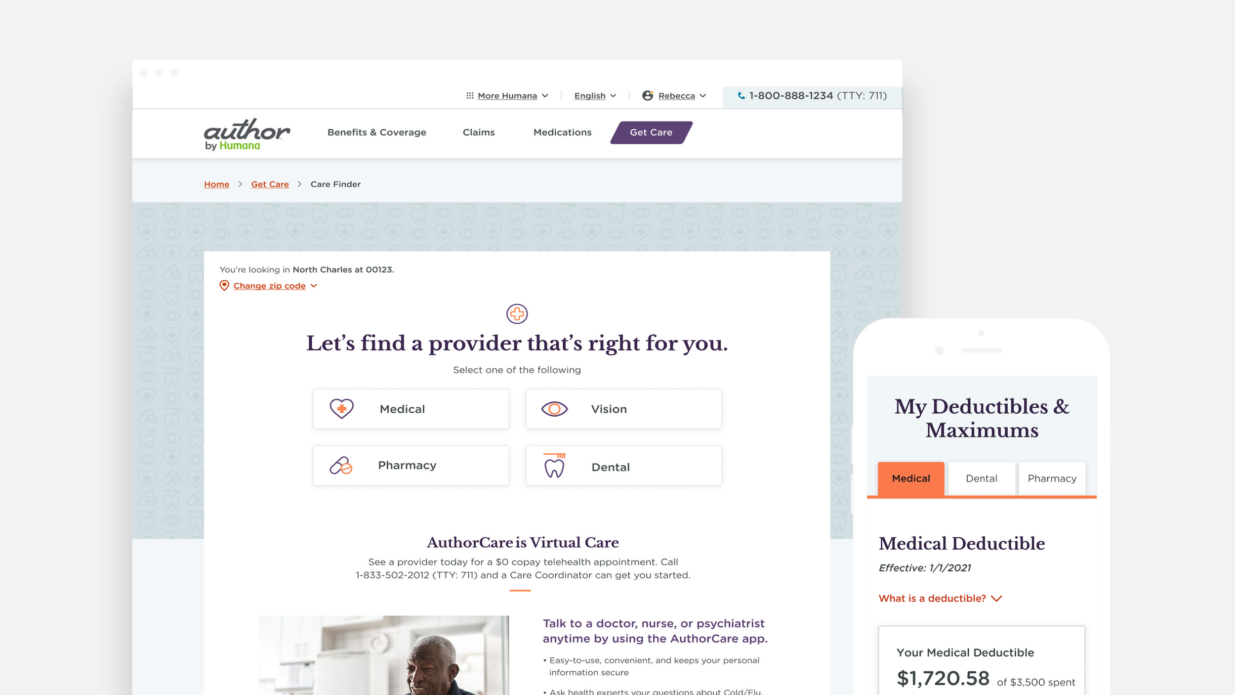 Screenshot of a healthcare insurance website showing options to find medical, vision, pharmacy, or dental providers, with a section for deductibles and maximums and a customer service phone number.