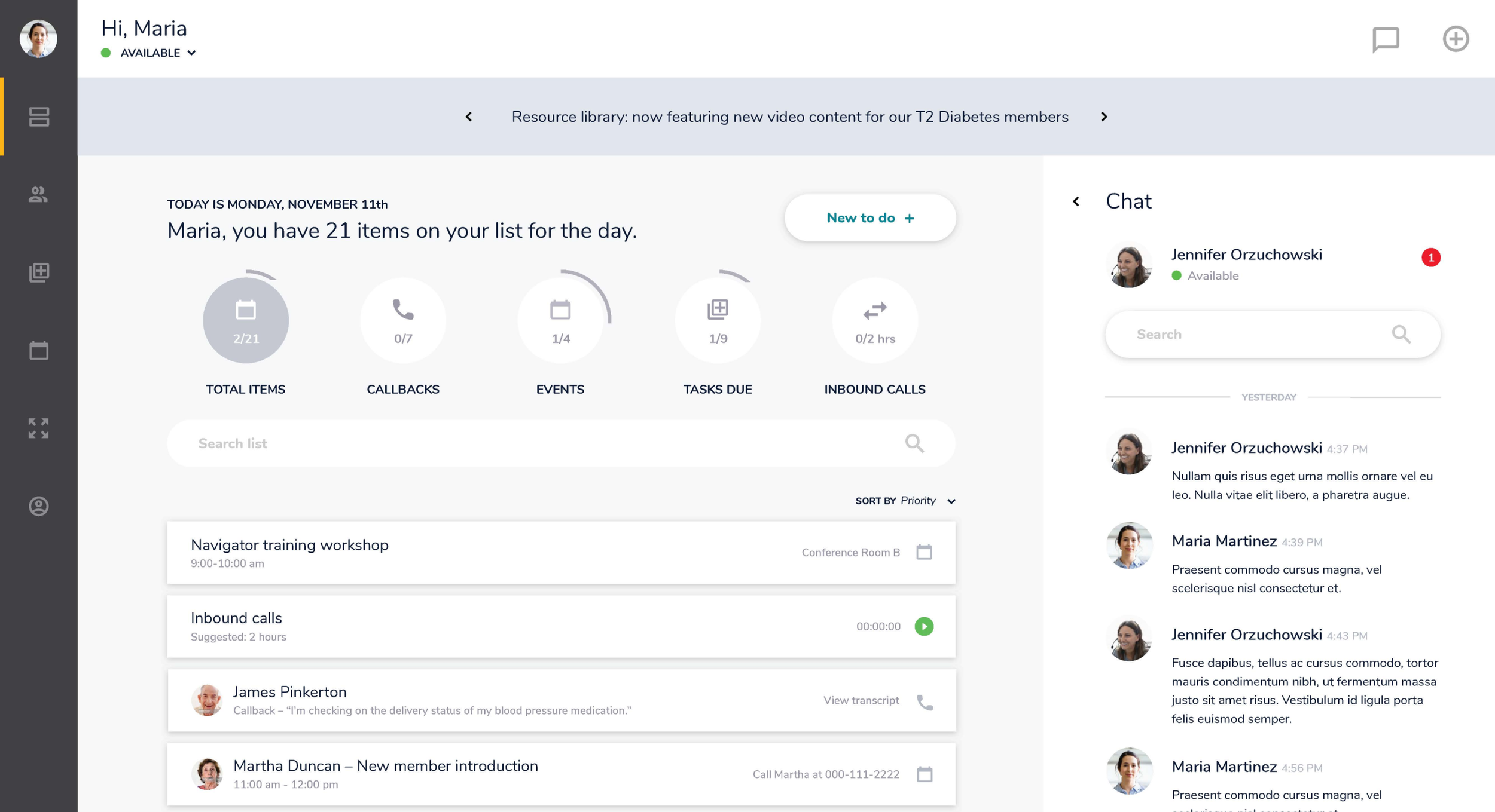 Dashboard interface with sections for tasks, events, callbacks, inbound calls, and chat. The top displays a welcome message to Maria, date, and item counts. The right side shows a chat window with conversation history and a profile picture.