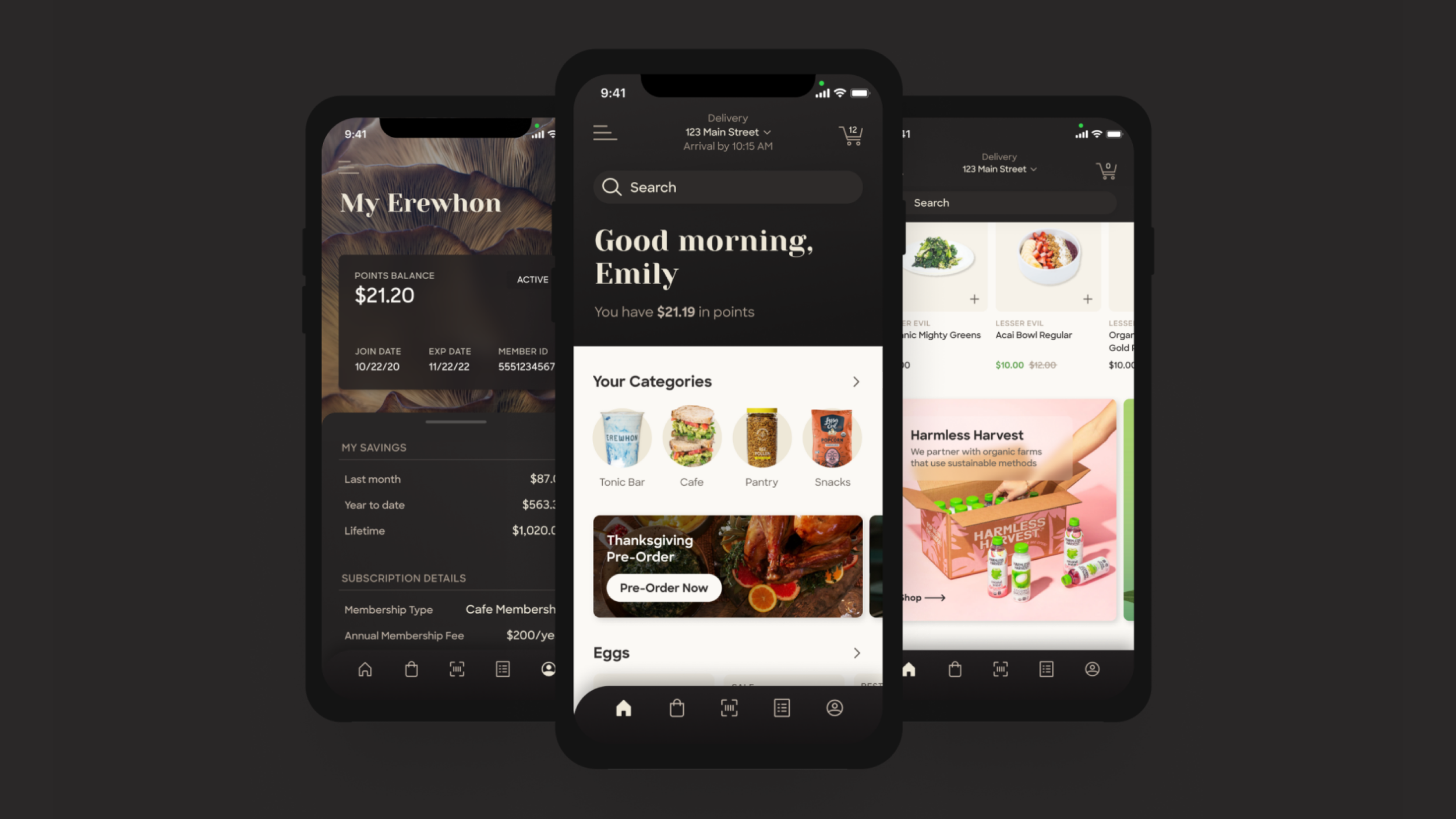 Three smartphone screens displaying a mobile app interface for a loyalty and shopping platform with account details, categories, and promotional offers.