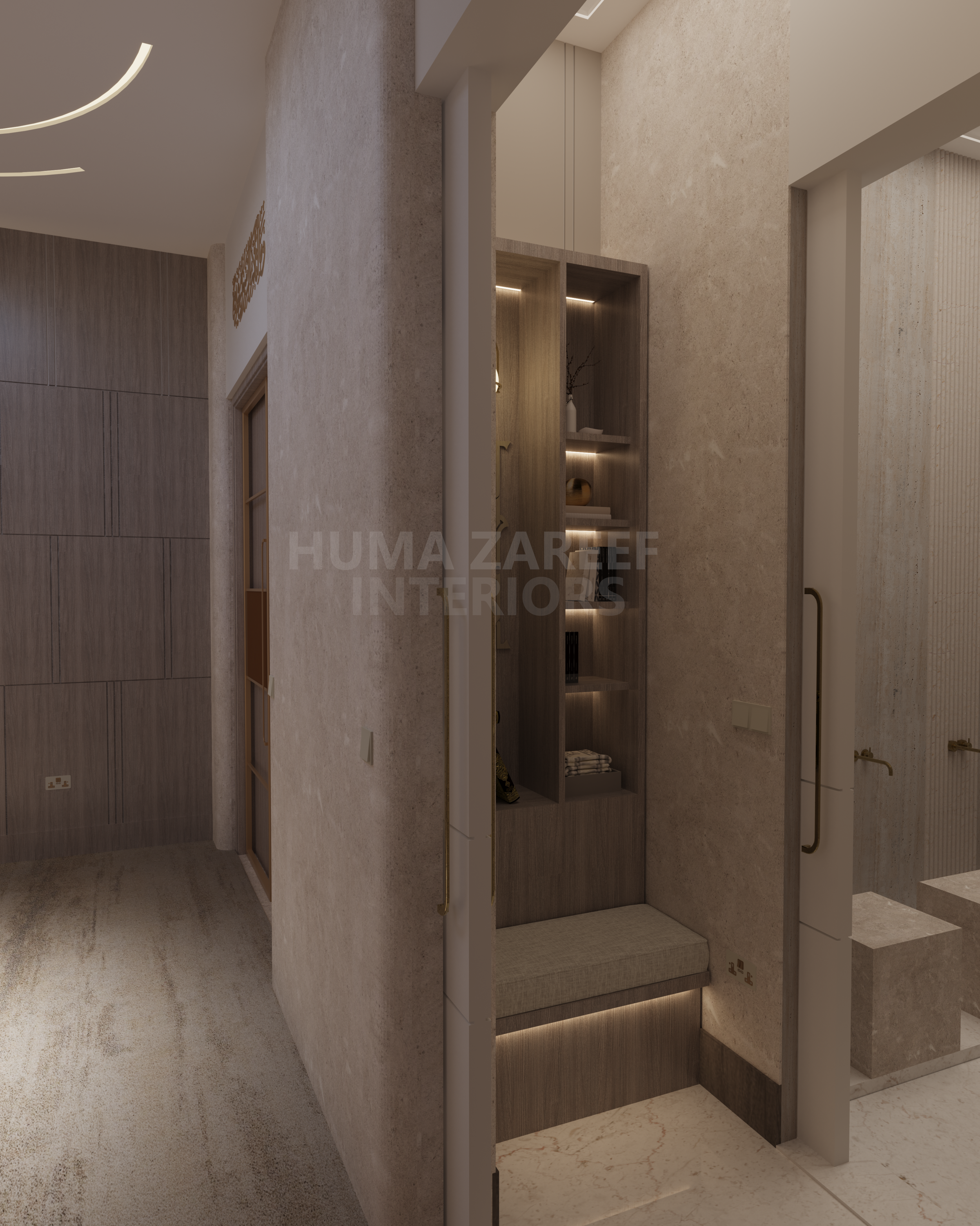 Interior view of a modern, minimalistic hallway with textured beige walls, built-in shelving with decorative items and lighting, and a cushioned seating area beneath the shelves.