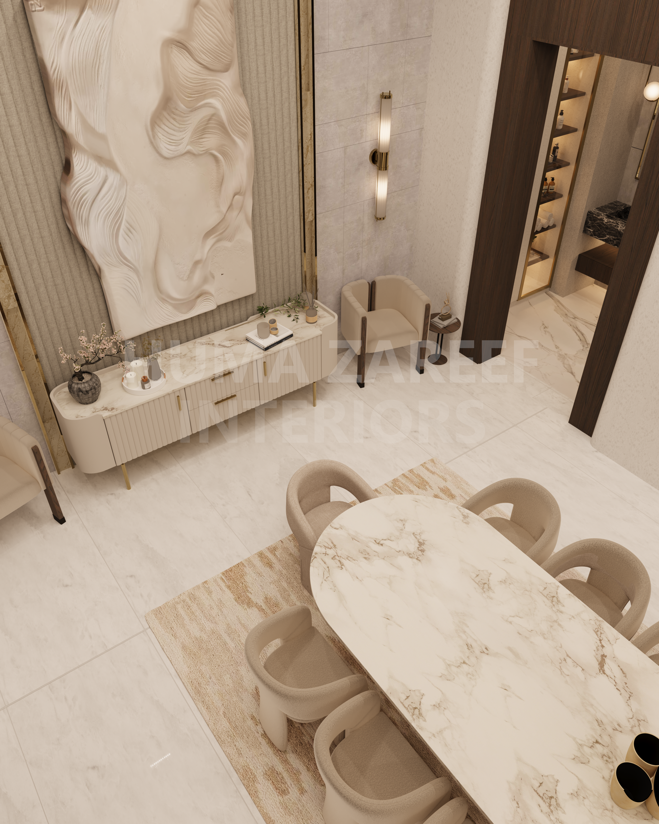 Interior view of a modern dining and living area with a marble dining table, beige chairs, wall-mounted lighting fixtures, a white console with decorative items, and a doorway leading to a storage or bathroom area.