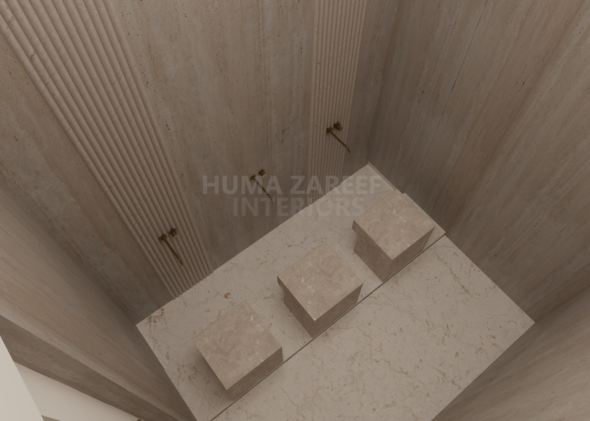 View of a corner in a room with beige marble flooring, textured beige walls, and electrical wiring with gold-colored fasteners.