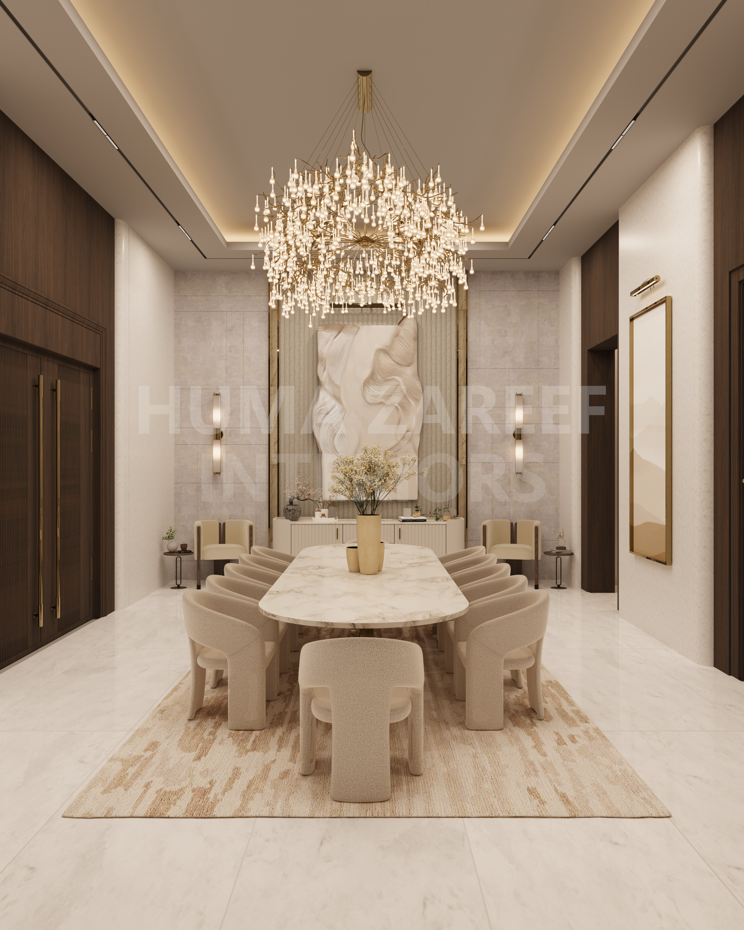 A luxurious modern dining room with a large marble table, beige upholstered chairs, a chandelier, and contemporary artwork on the walls.