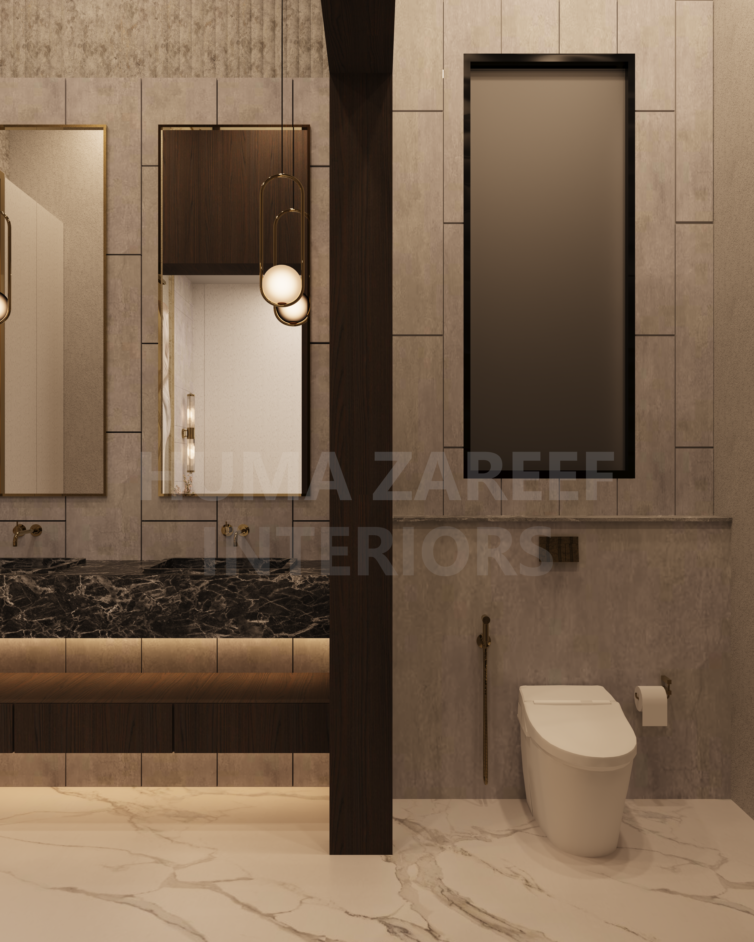 Modern bathroom with marble floor, dark wood accents, double sink vanity with black marble countertop, large mirror, wall-mounted lighting, vertical mirror, and a toilet with a bidet attachment.