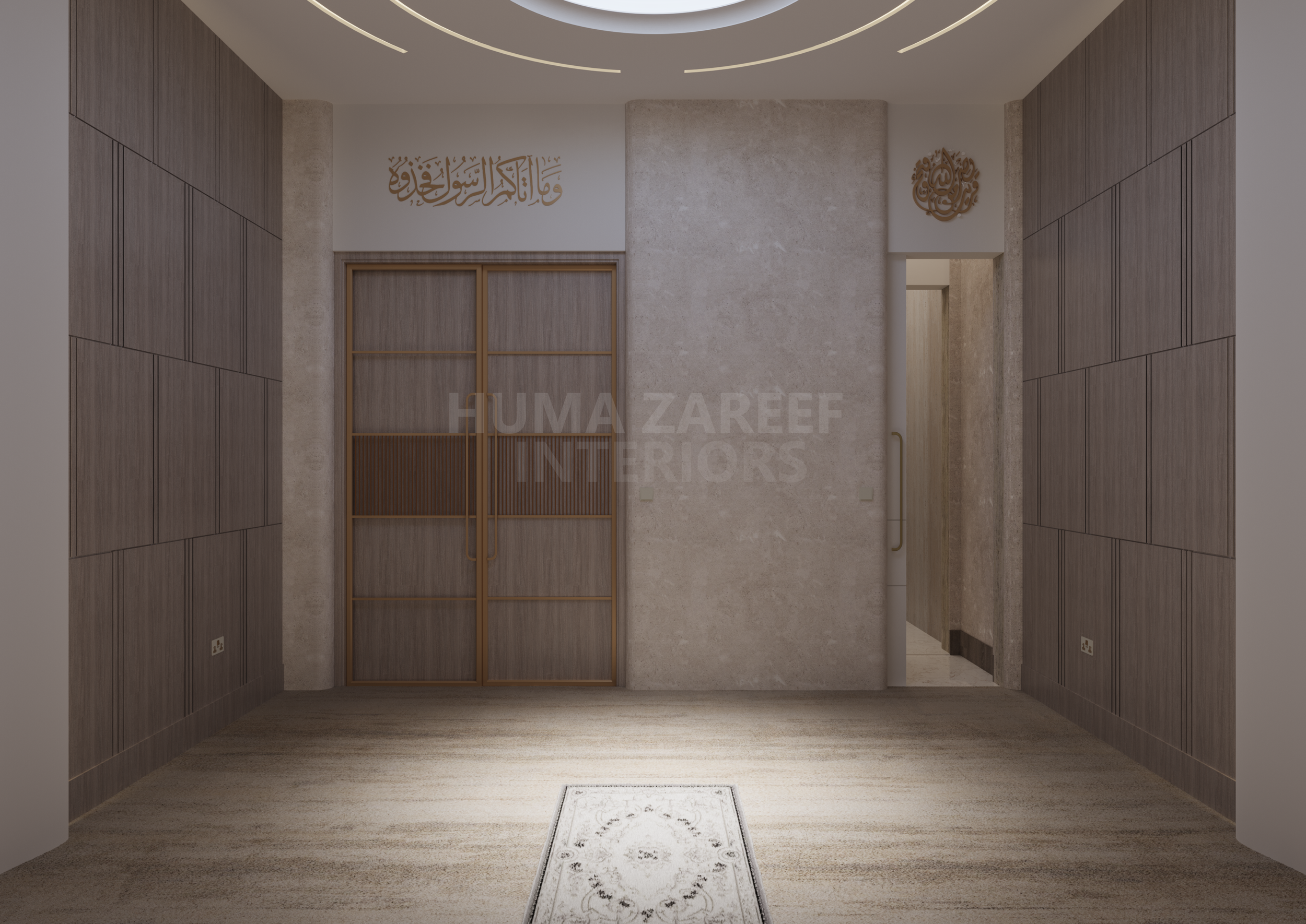 Modern interior corridor with wooden wall panels, a glass door, and Islamic calligraphy and artwork on the wall.