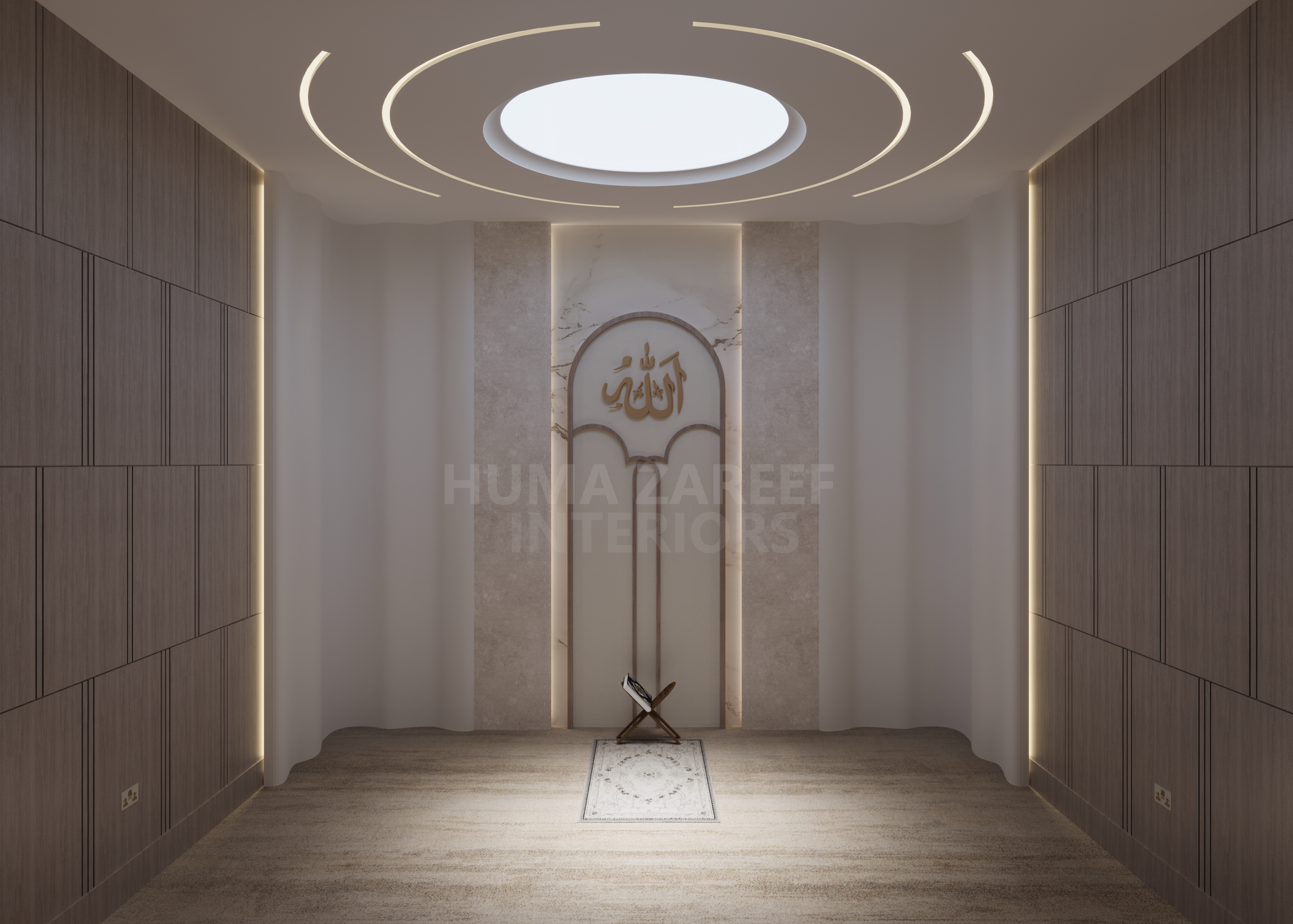 Interior prayer space with a Quran stand, featuring Islamic calligraphy and minimalistic decor with wood-paneled walls and soft lighting.