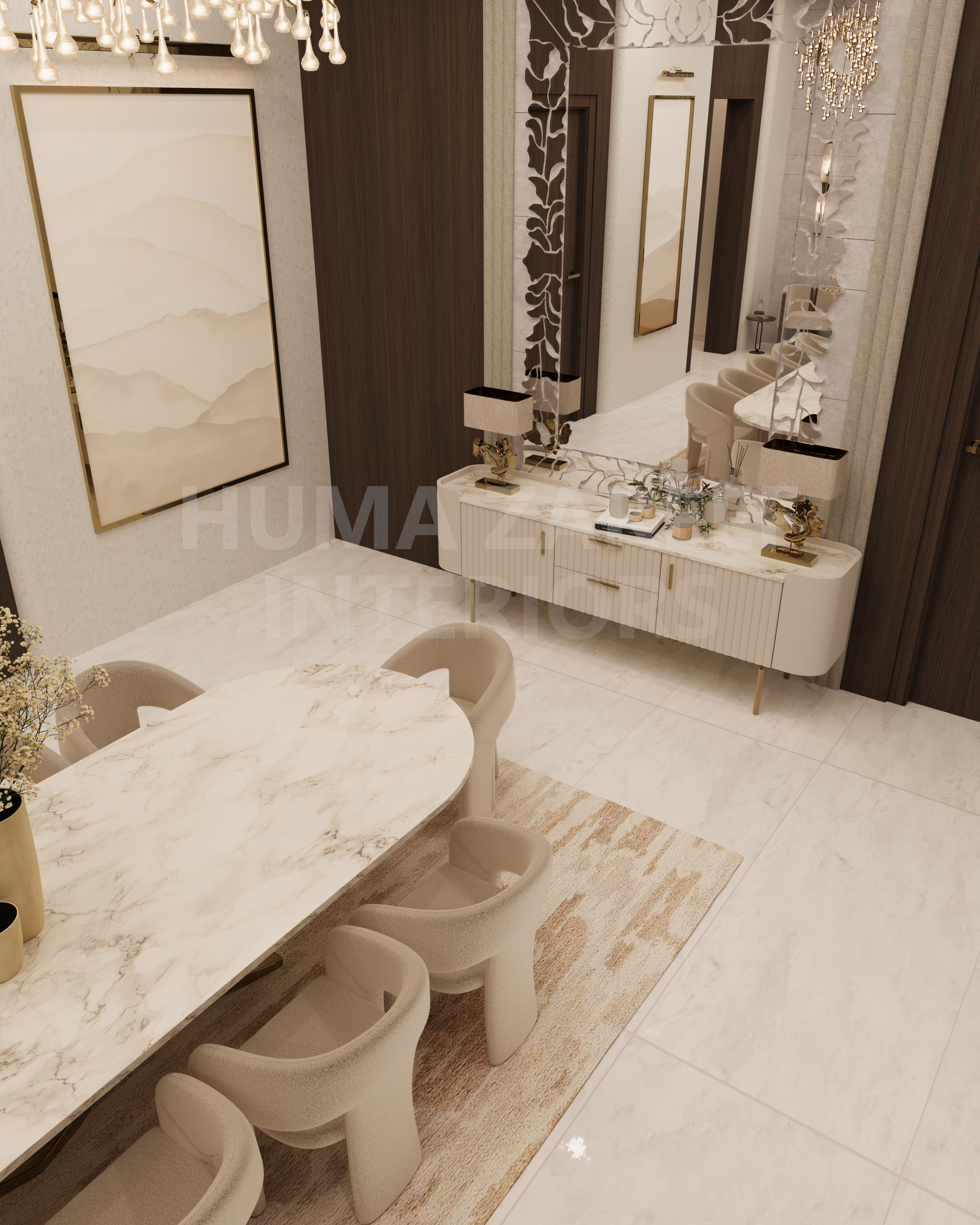 Elegant dining room with a marble table, beige chairs, a sideboard with lamps and decorative items, and a large mirror reflecting a hallway with chairs and a chandelier.