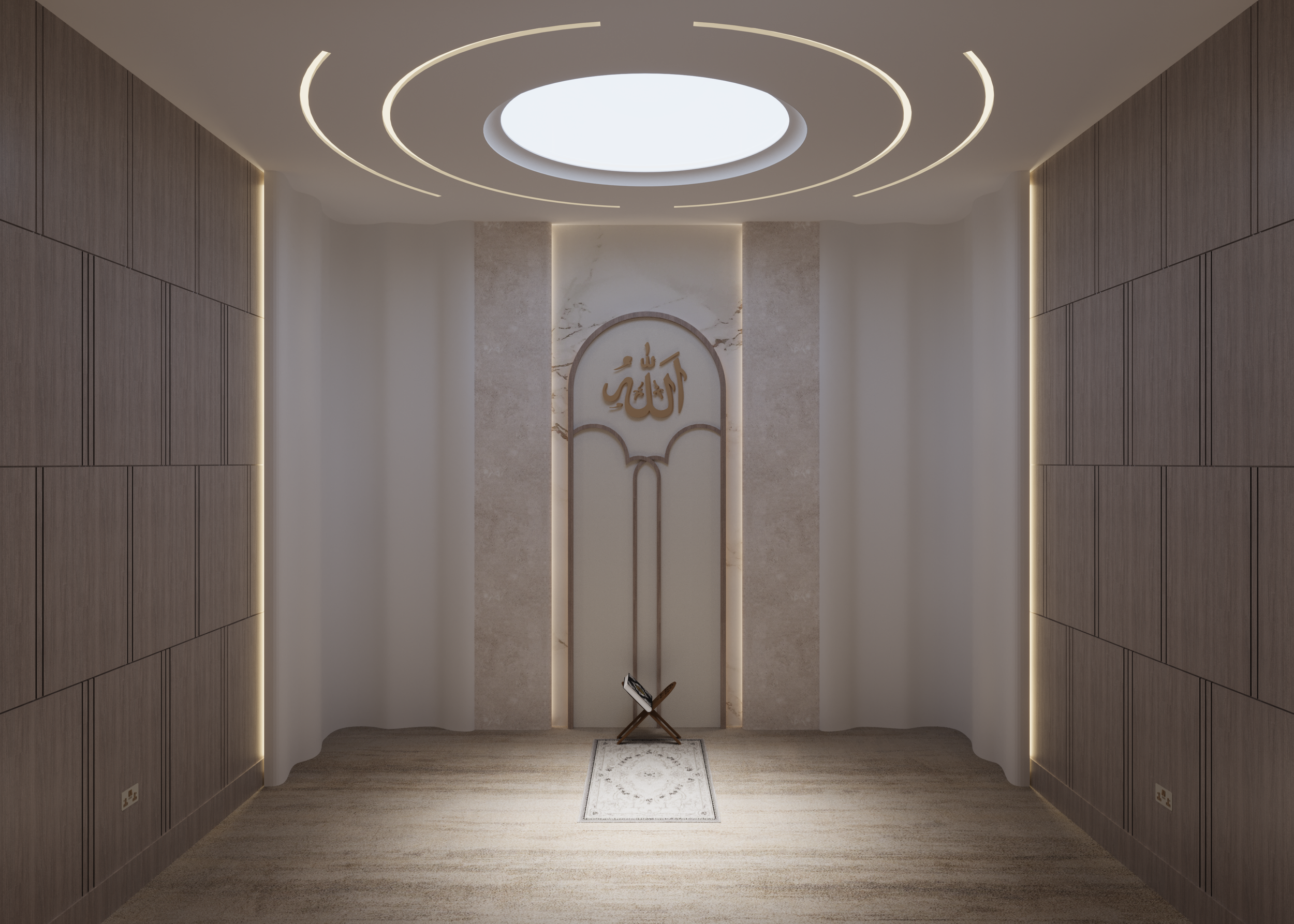 Minimalist prayer space with a central Islamic calligraphy on a wall, a Quran stand, and soft lighting.