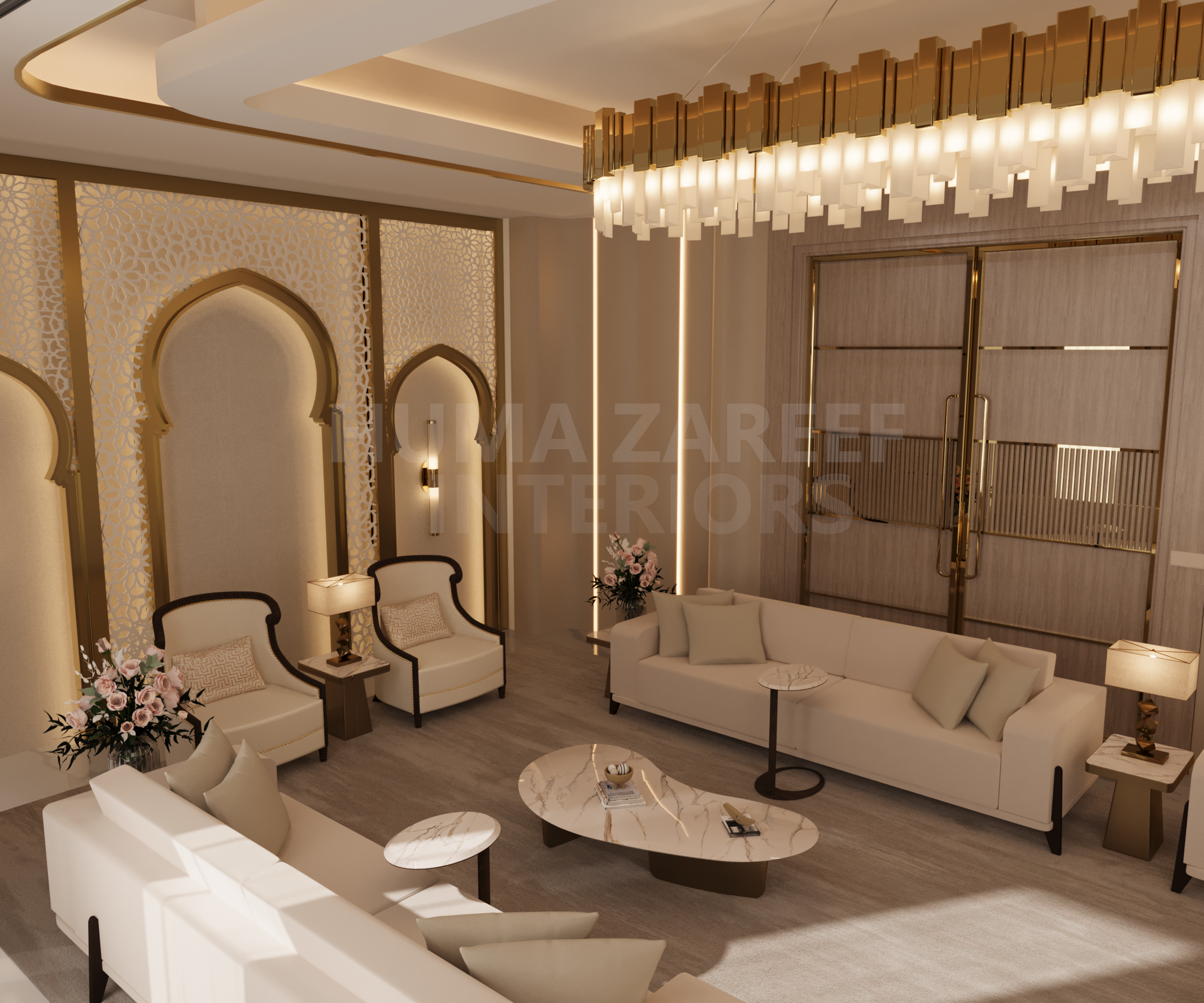 Luxurious living room with cream-colored sofas, decorative pillows, a white marble coffee table, side tables with lamps, armchairs, and floral arrangements. Decorative wall panels and a modern chandelier adorn the space.