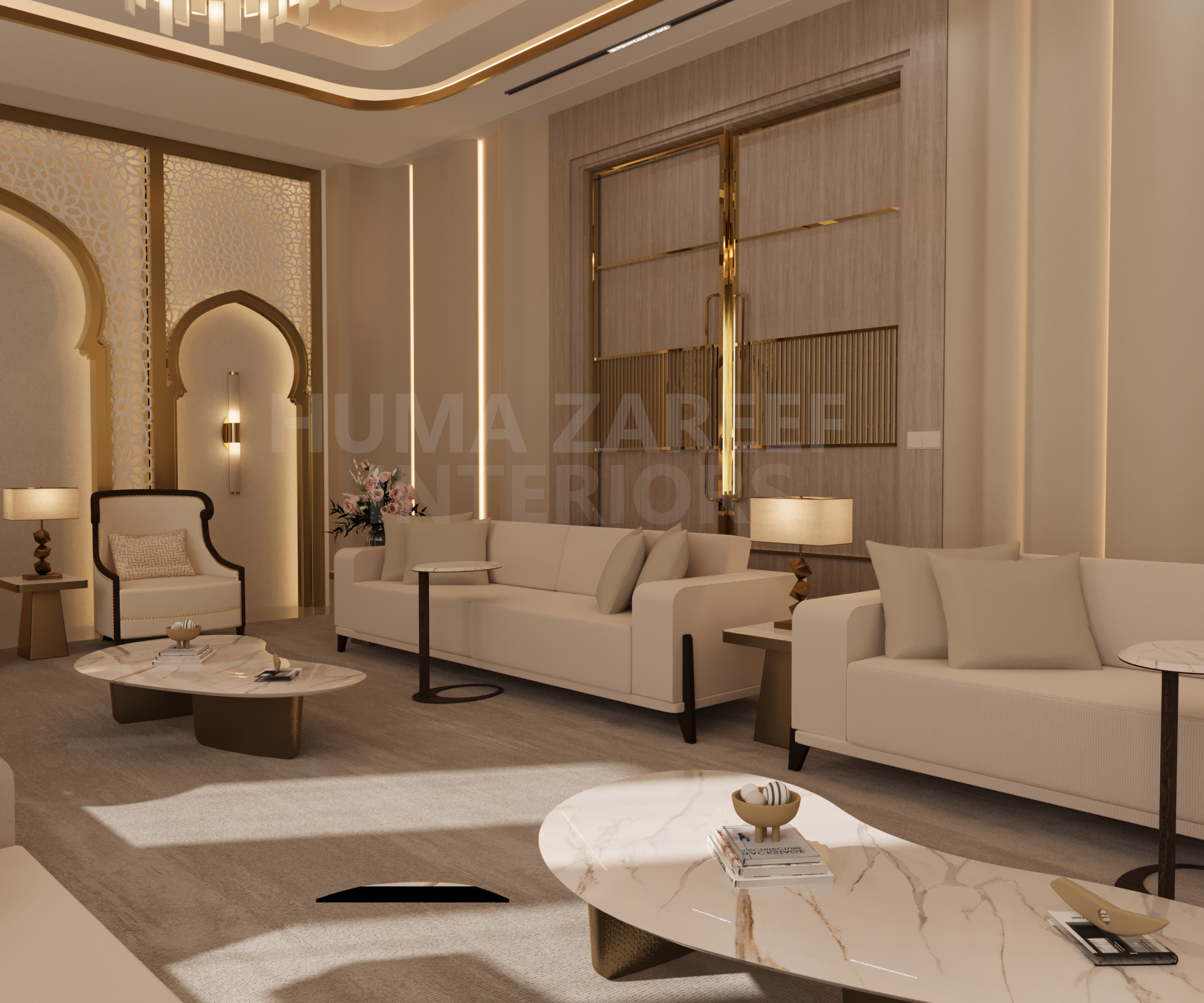 Modern luxurious living room with white sofas, a beige armchair, marble coffee tables, and elegant lighting fixtures.