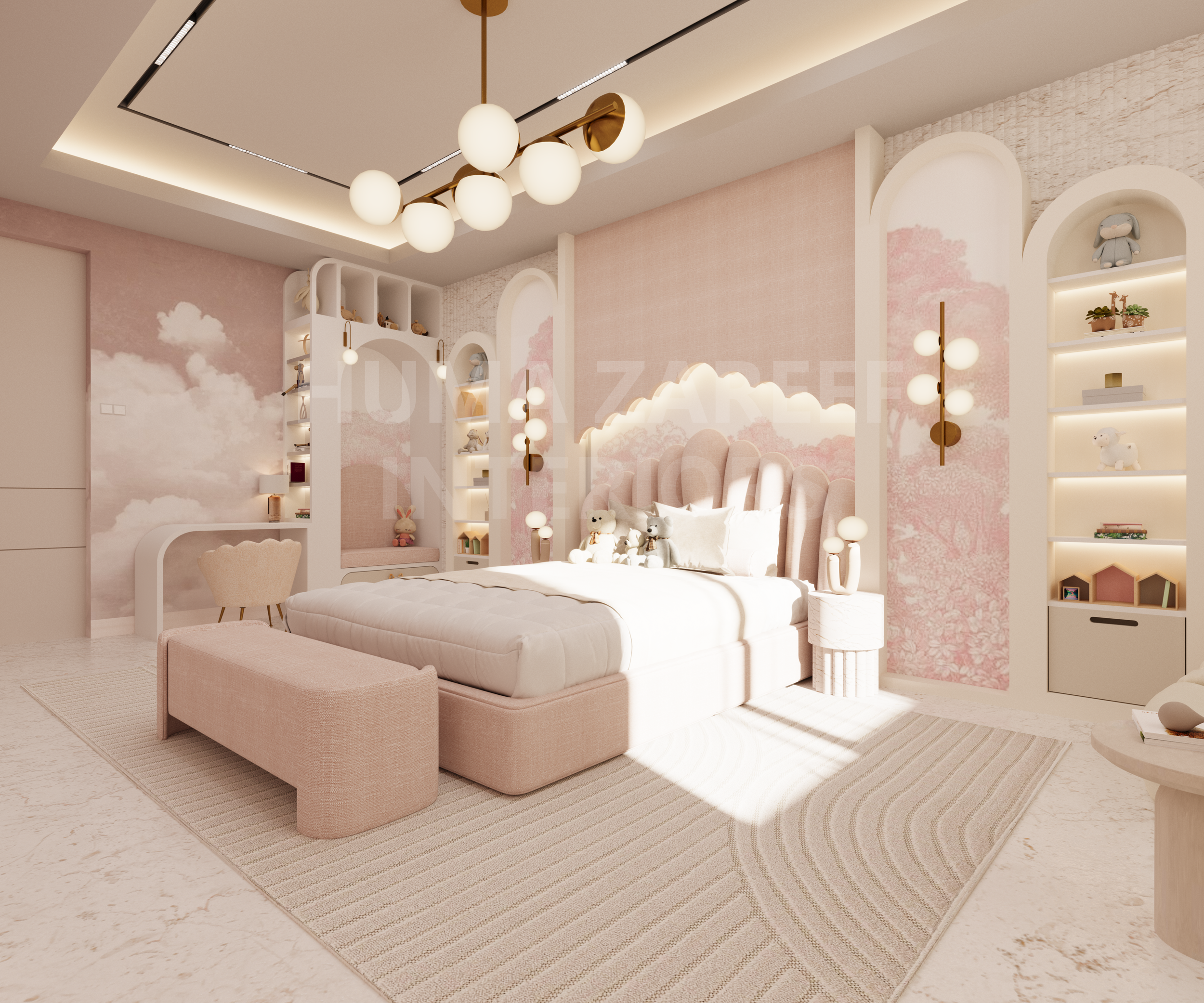 A bedroom with a soft pink and white color scheme, featuring a bed with a plush headboard, stuffed animals, and bedside lamps, decorated with clouds, trees, and other whimsical accents.