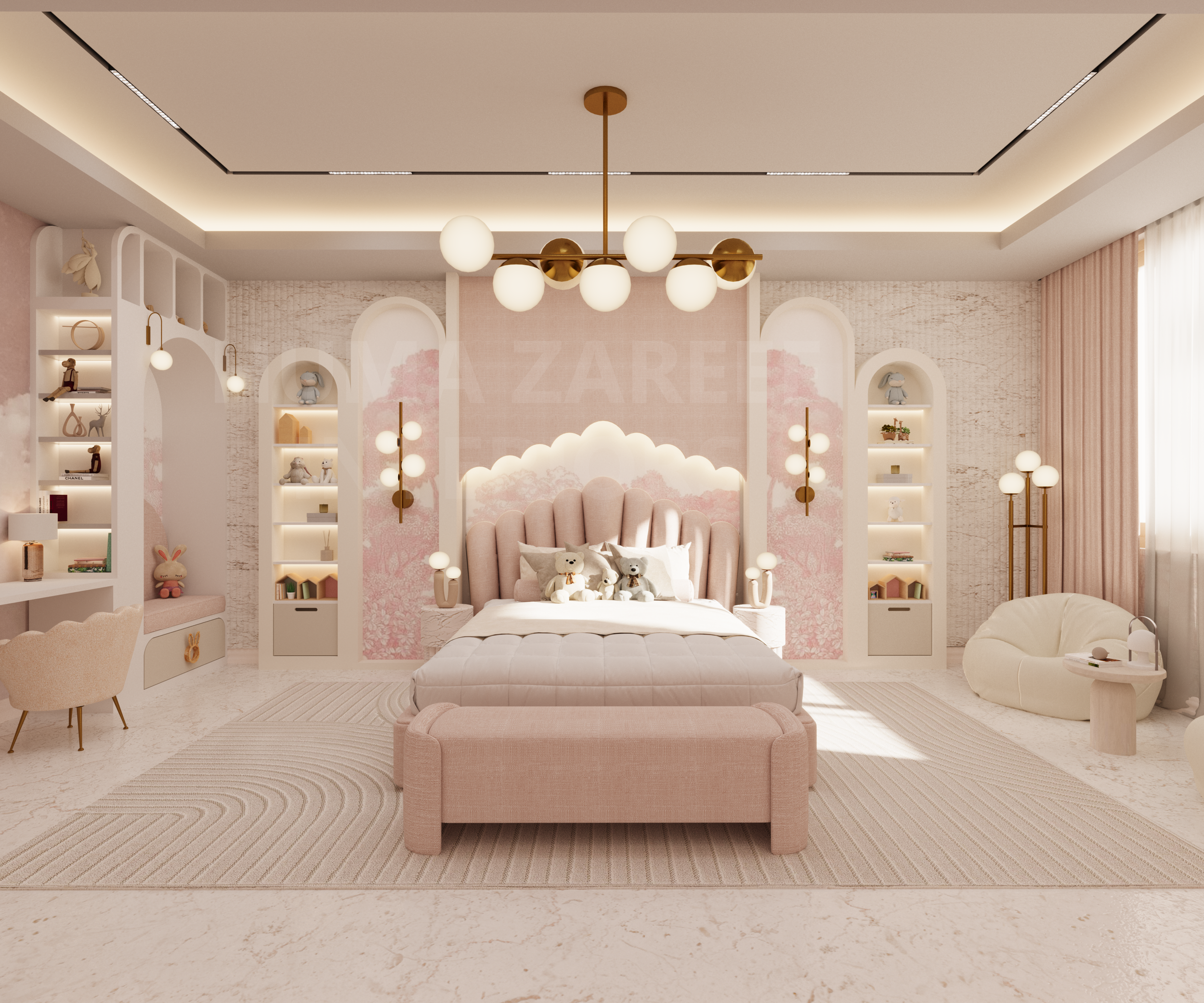 A bedroom with a pink and white color scheme, featuring a plush pink bed with stuffed animals, a patterned area rug, built-in shelves with decorative items, and modern lighting fixtures.