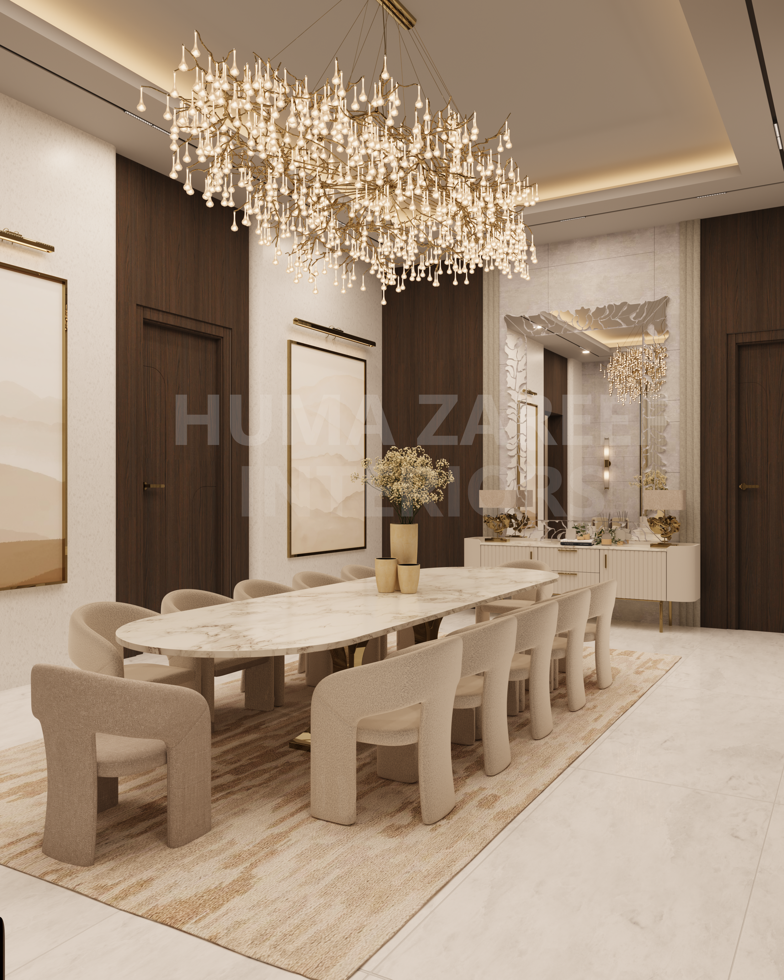 Elegant dining room with a large oval marble table, beige upholstered chairs, a cream and gold rug, floral arrangements, artwork, and a luxurious chandelier.