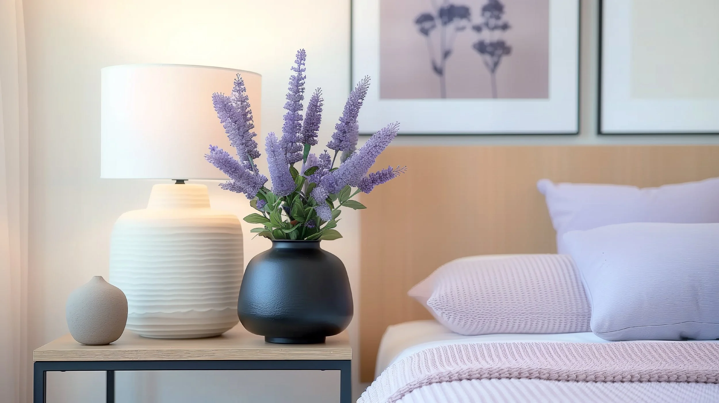 A bedroom with a nightstand holding a white lamp, a decorative vase, and a dark vase with purple flowers. There is a bed with white bedding and pillows, and framed artwork on the wall in the background.