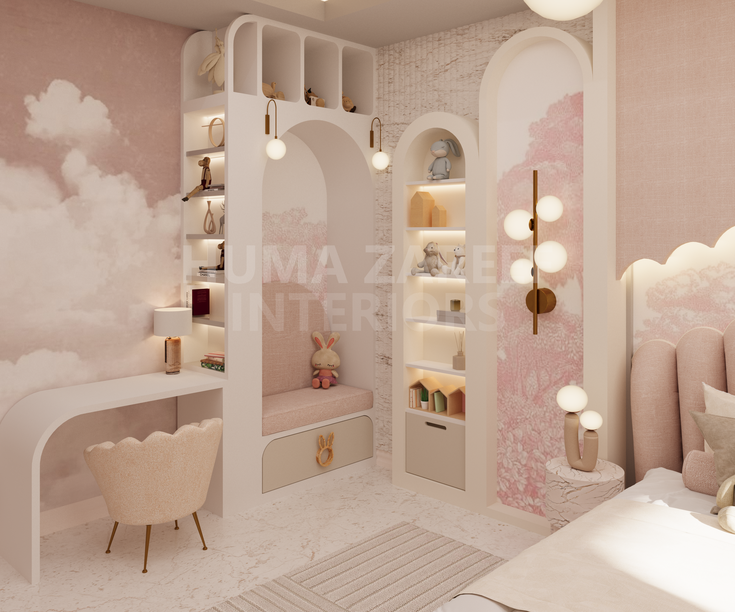 A cozy, pink-themed bedroom corner with shelving, plush toys, a small desk, and a bed with a pink headboard.