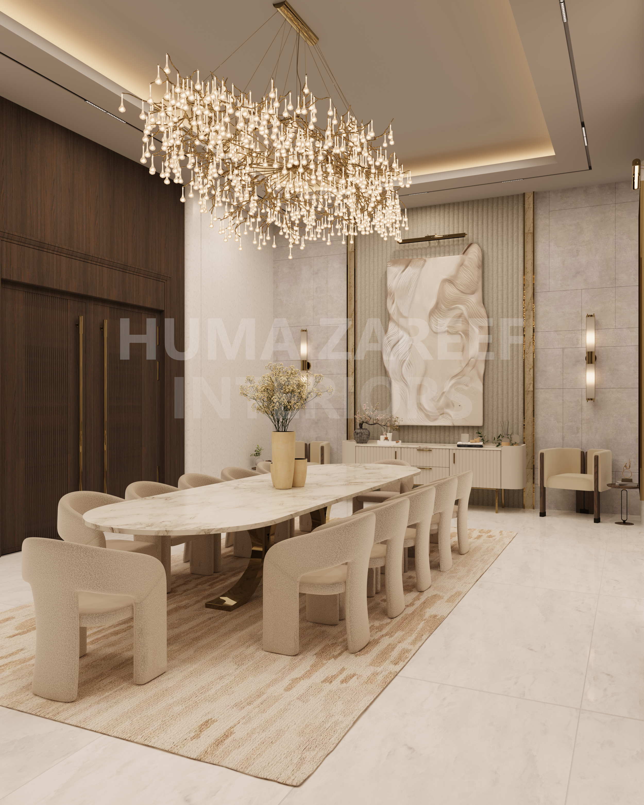 Elegant dining room with a large marble table, nine beige chairs, a chandelier, and modern decor.