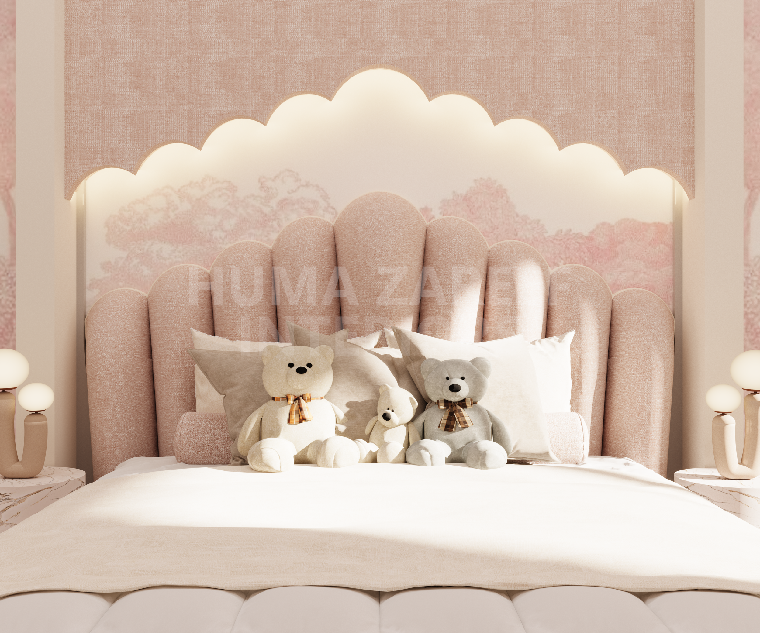 A cozy bedroom with a pink upholstered headboard, teddy bears on the bed, and soft lighting in a pastel-colored room.