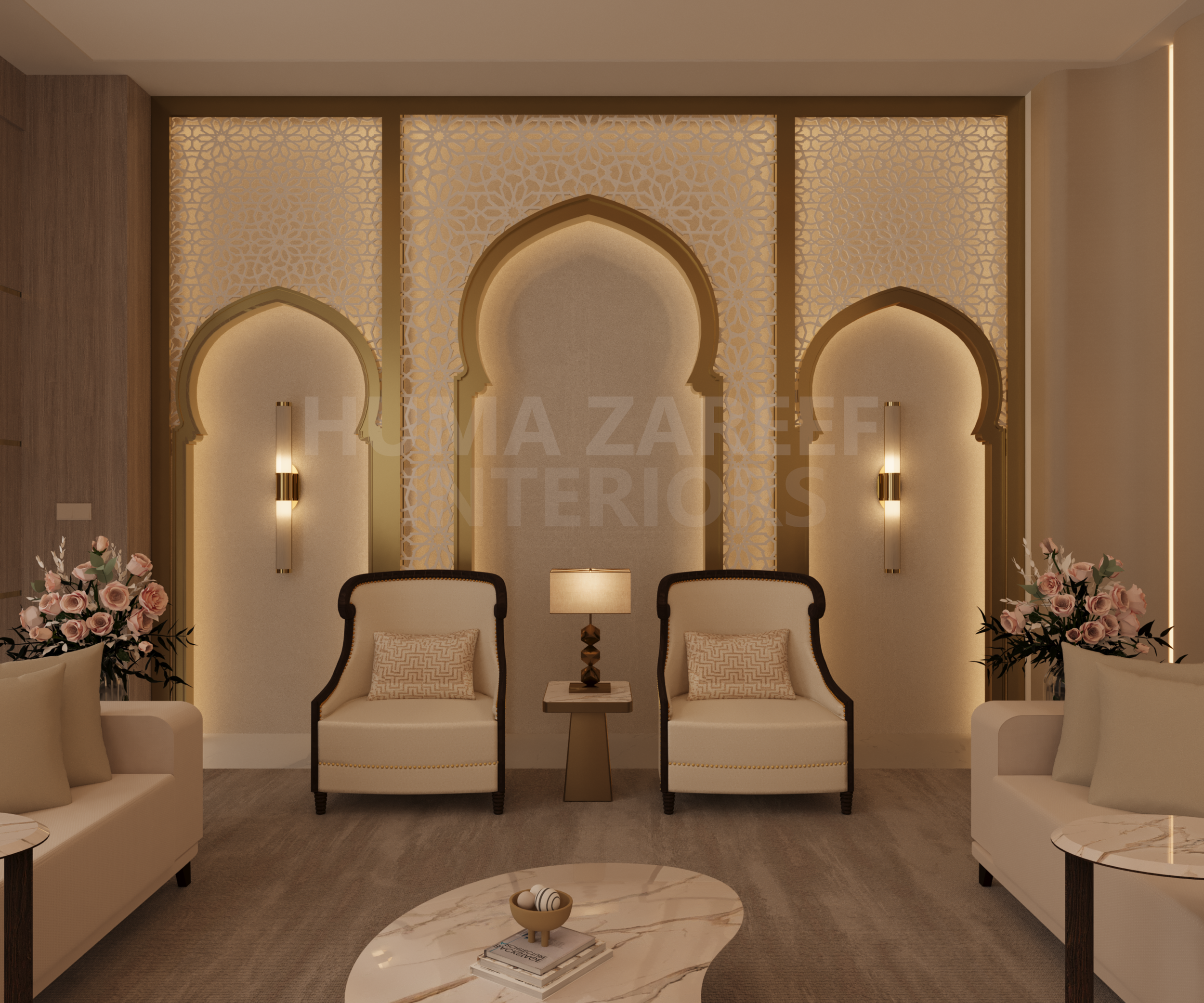 Elegant living room with beige and gold decor, two white armchairs with patterned pillows, a central marble coffee table with books and decorative items, floral arrangements on side tables, and a decorative wall with glowing arched patterns and wall sconces.
