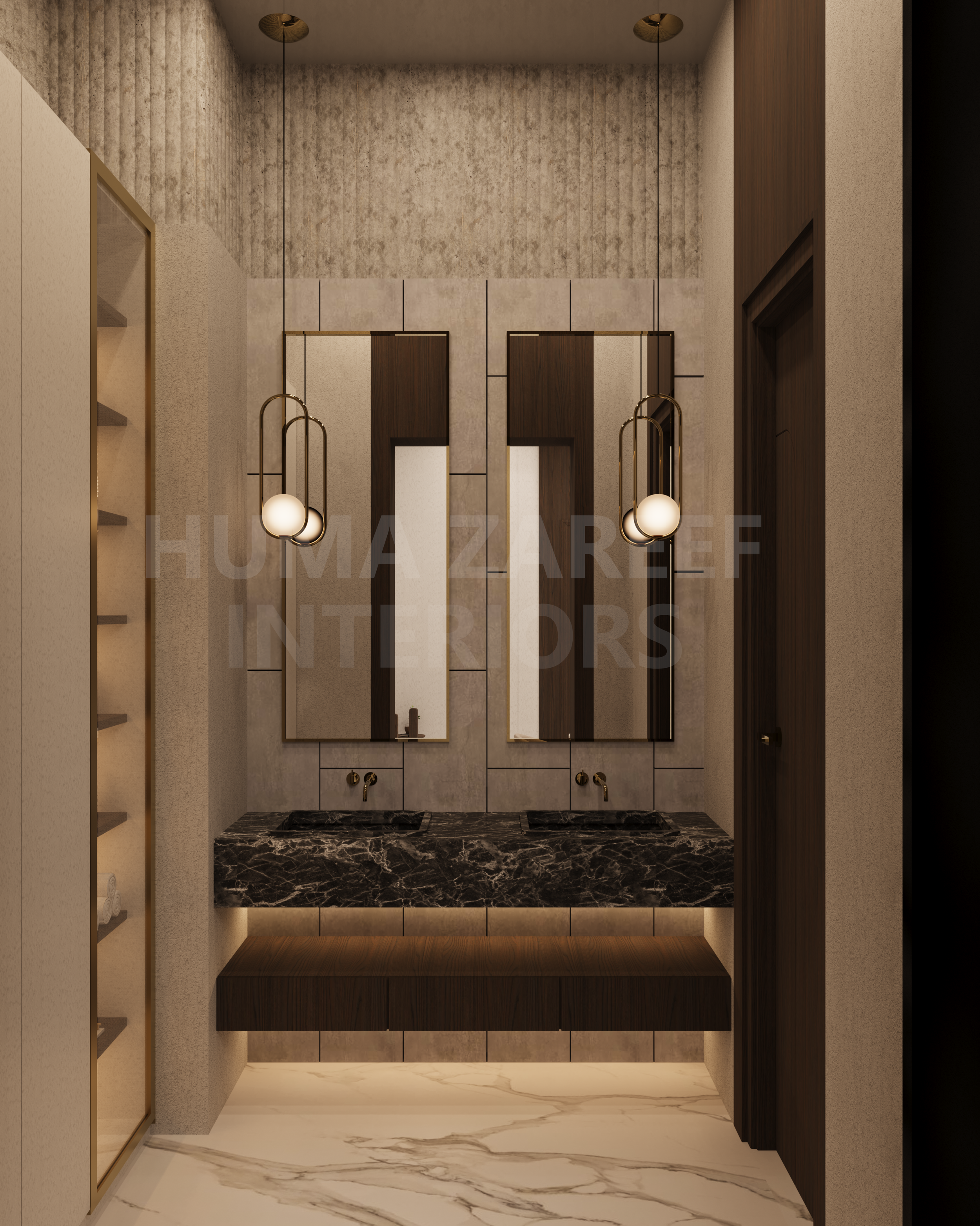 Modern bathroom with two rectangular mirrors, pendant light fixtures, and a dark marble countertop with two sinks