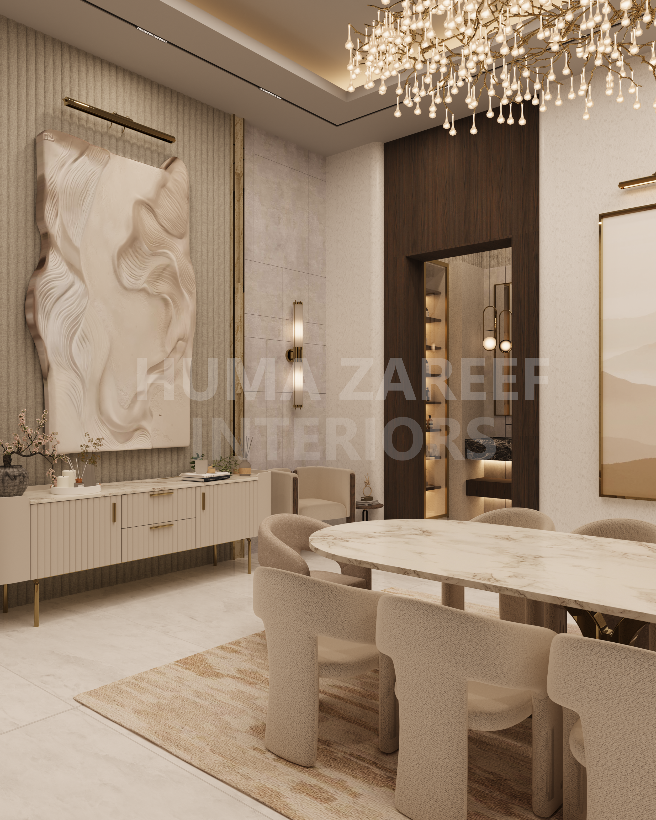 Luxurious dining room with a marble dining table, beige upholstered chairs, a modern chandelier, and elegant wall decor.
