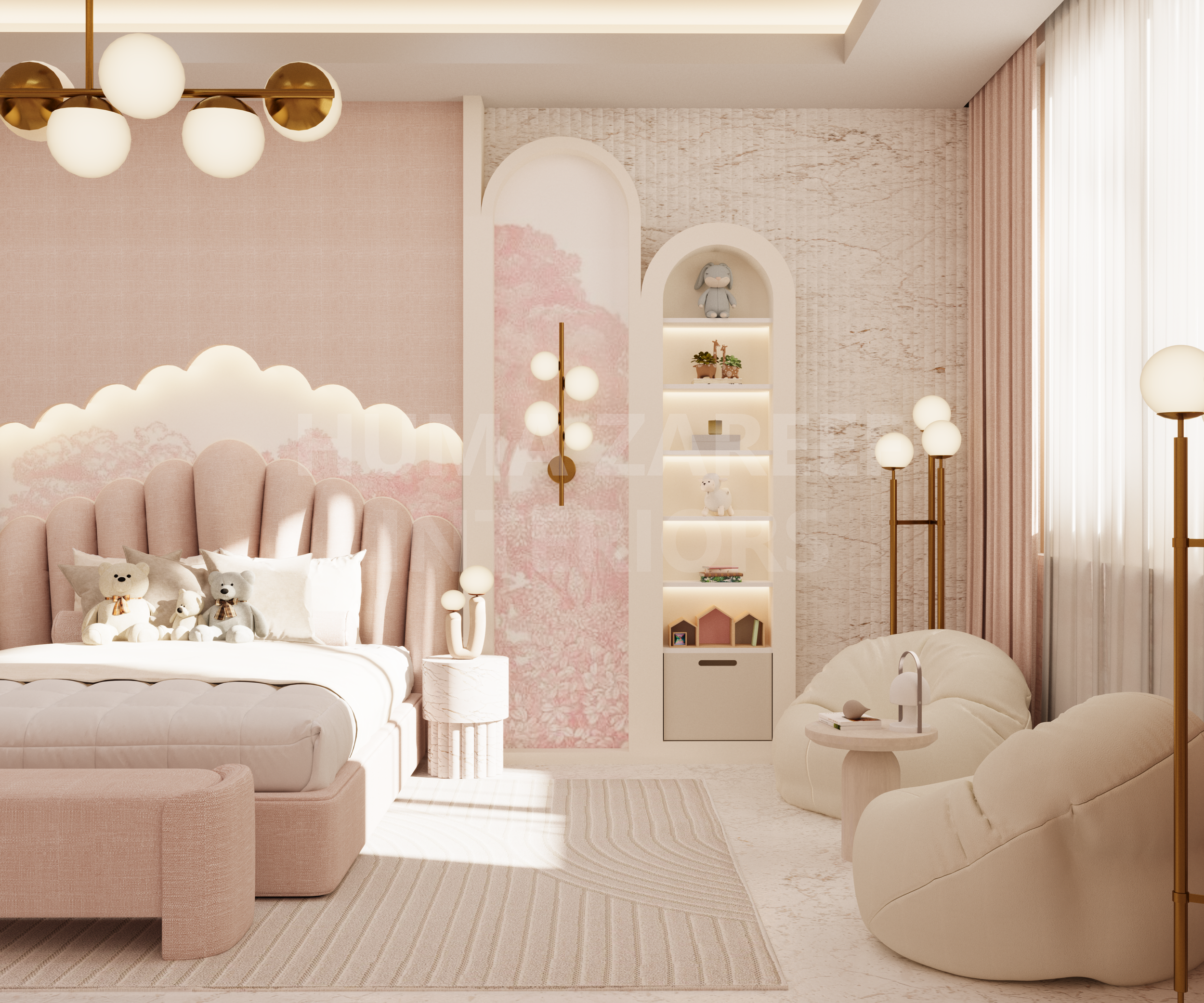 A pastel-colored baby bedroom with a pink padded headboard, plush teddy bear toys, white bedding, display shelves with toys, and cozy seating area with bean bag chairs.