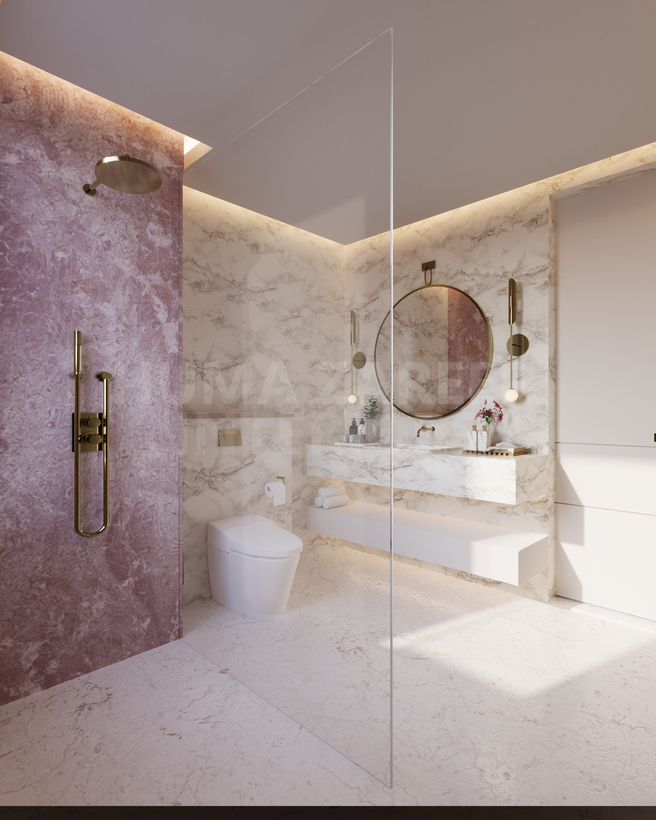 Modern bathroom with marble walls, white toilet, round mirror, vanity with sink, pink textured shower wall, glass partition, and gold fixtures.
