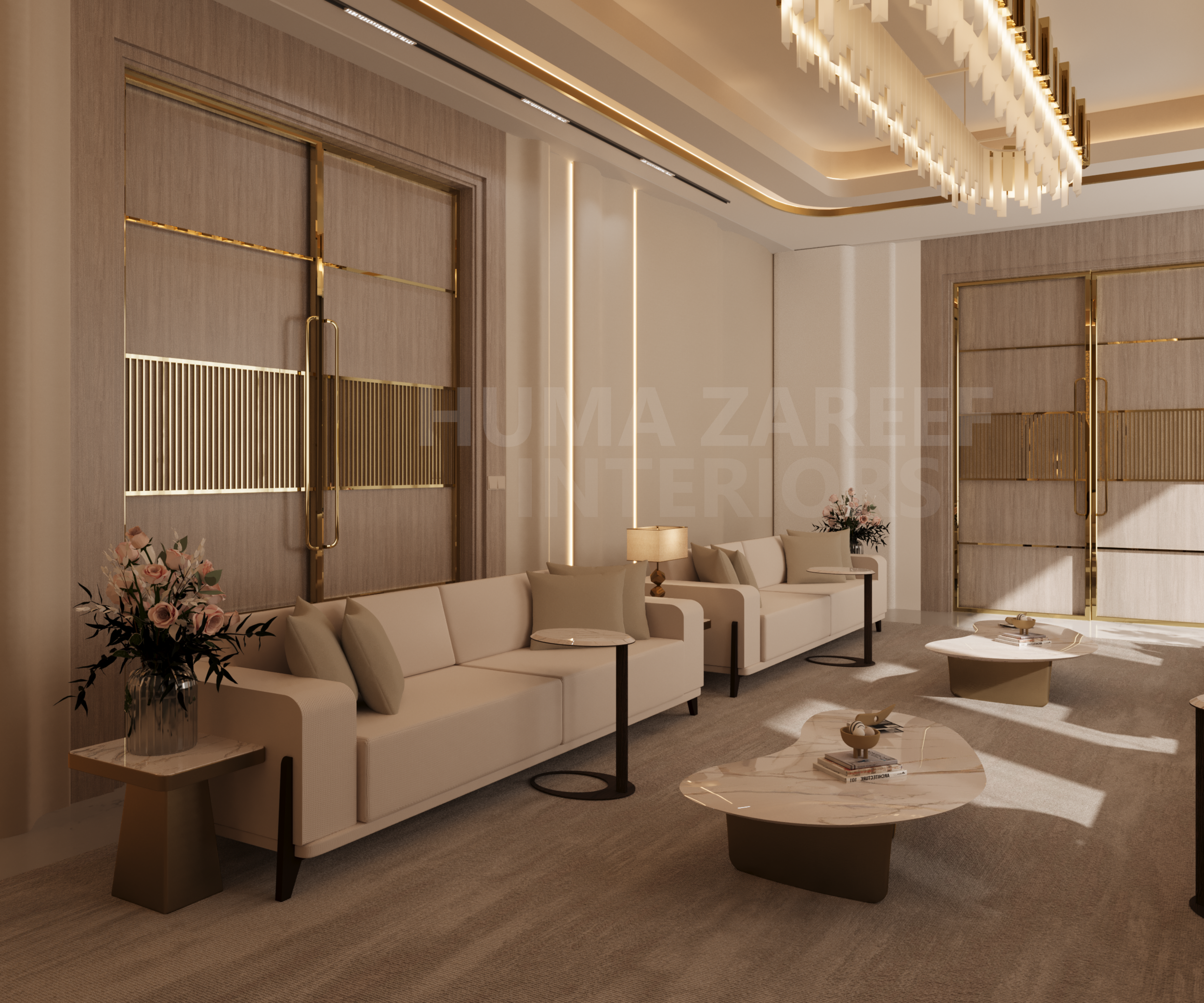 Luxurious beige living room with modern white sofas, side tables, floral arrangements, and elegant lighting fixtures.