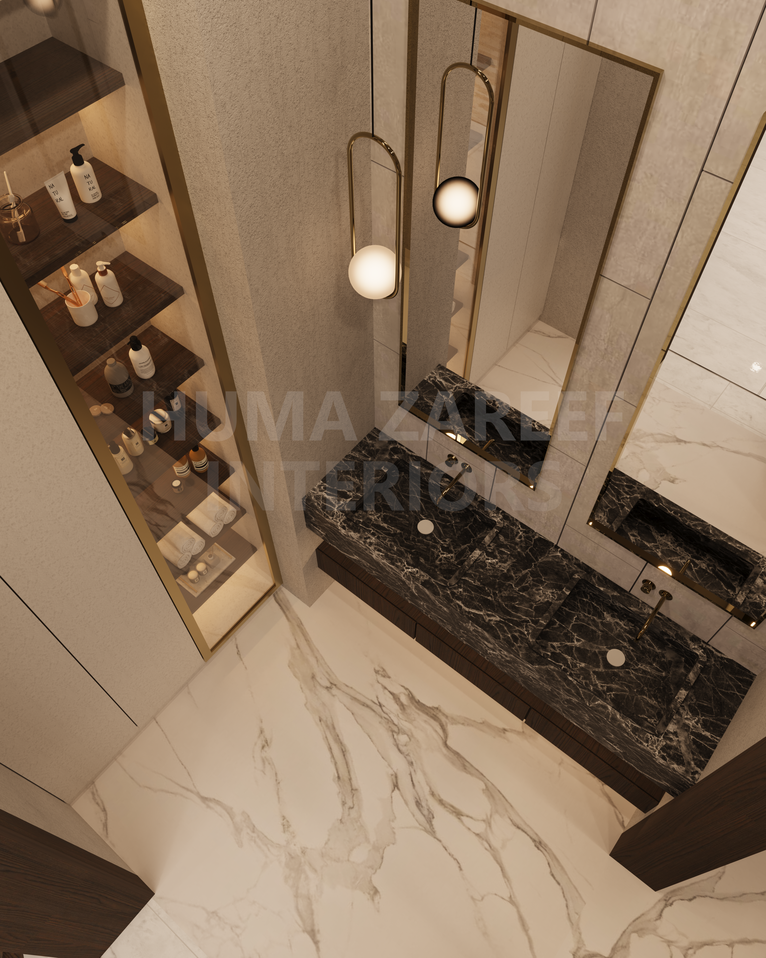 A luxurious bathroom with a marble countertop sink, a large mirror, and warm lighting. To the left, there are shelves with various toiletries and towels.