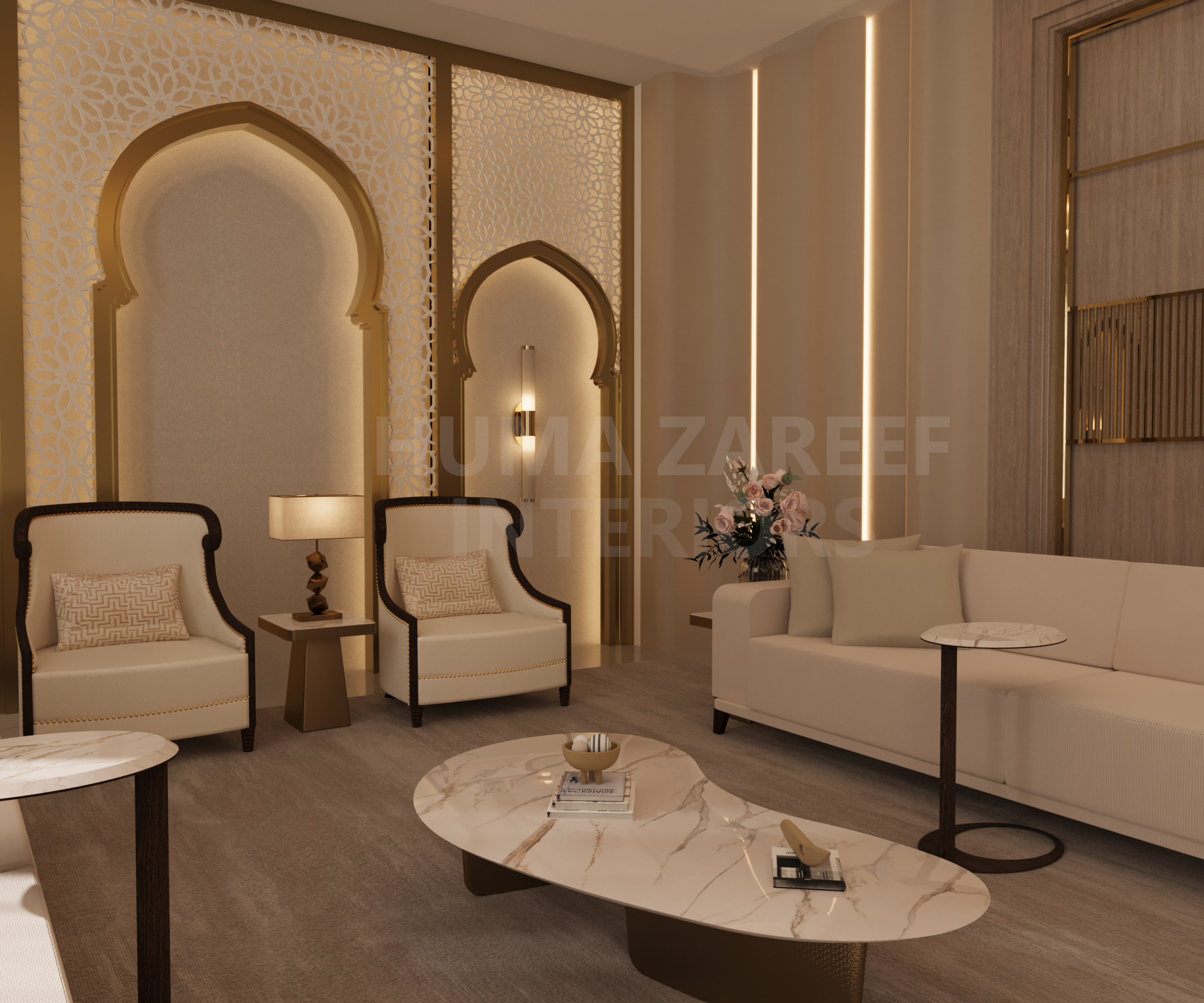 Luxurious living room with ornate arches, beige and white furniture, marble coffee table, and modern decor.