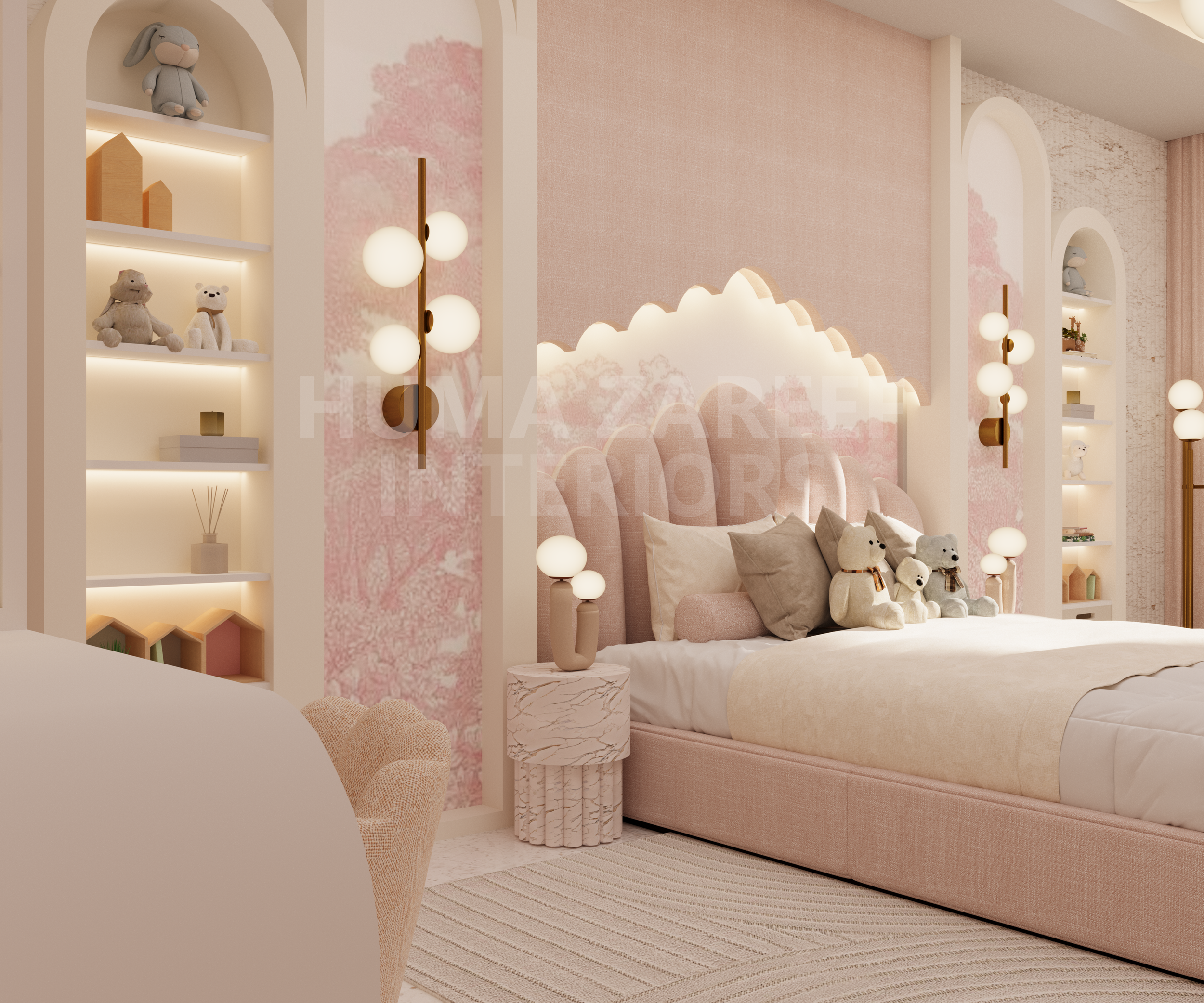 A cozy bedroom with pastel pink and beige decor, plush bed with teddy bears, built-in shelves with toys and books, and soft lighting.
