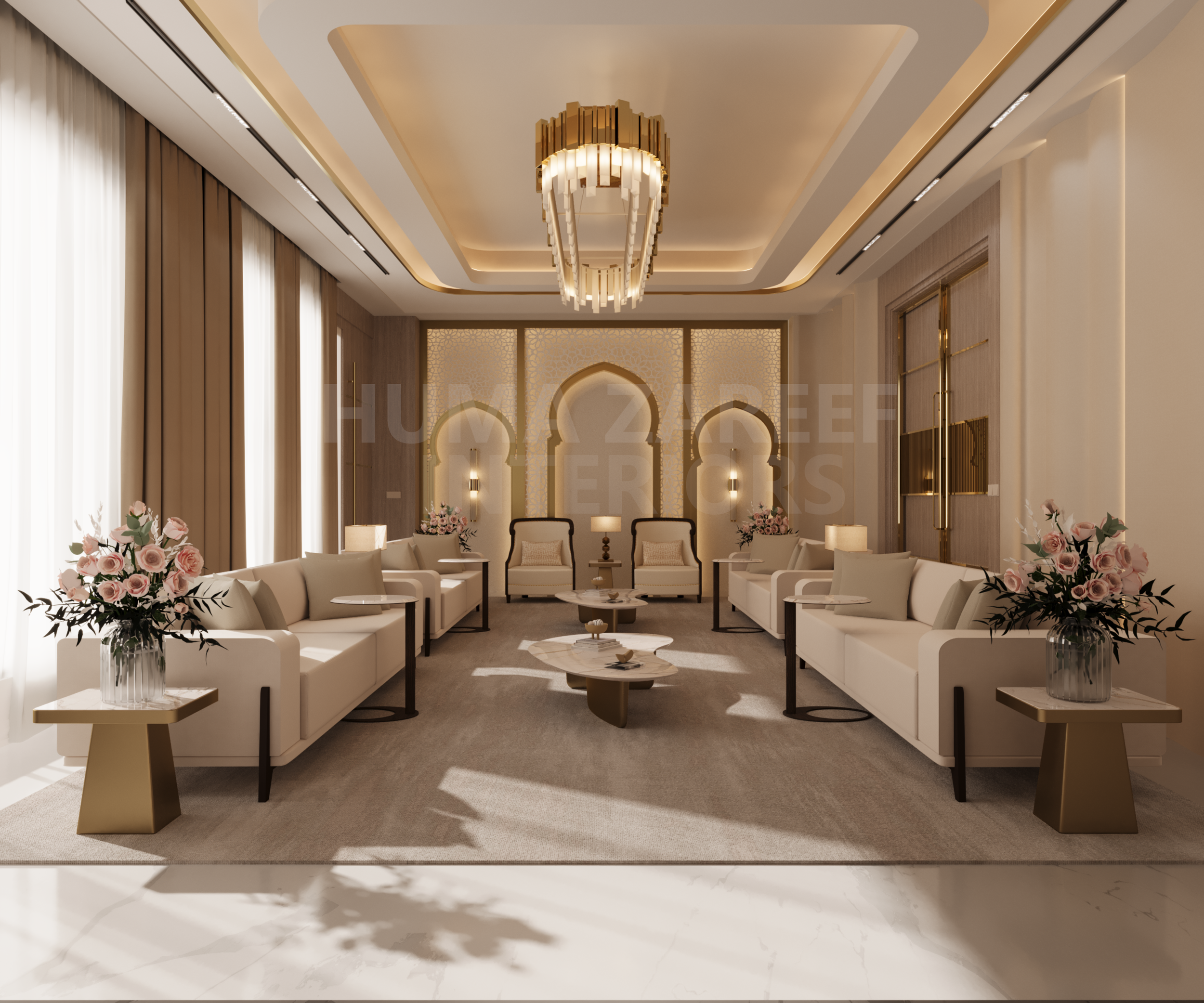 Elegant living room with white sofas, flower arrangements, and a modern chandelier with gold accents