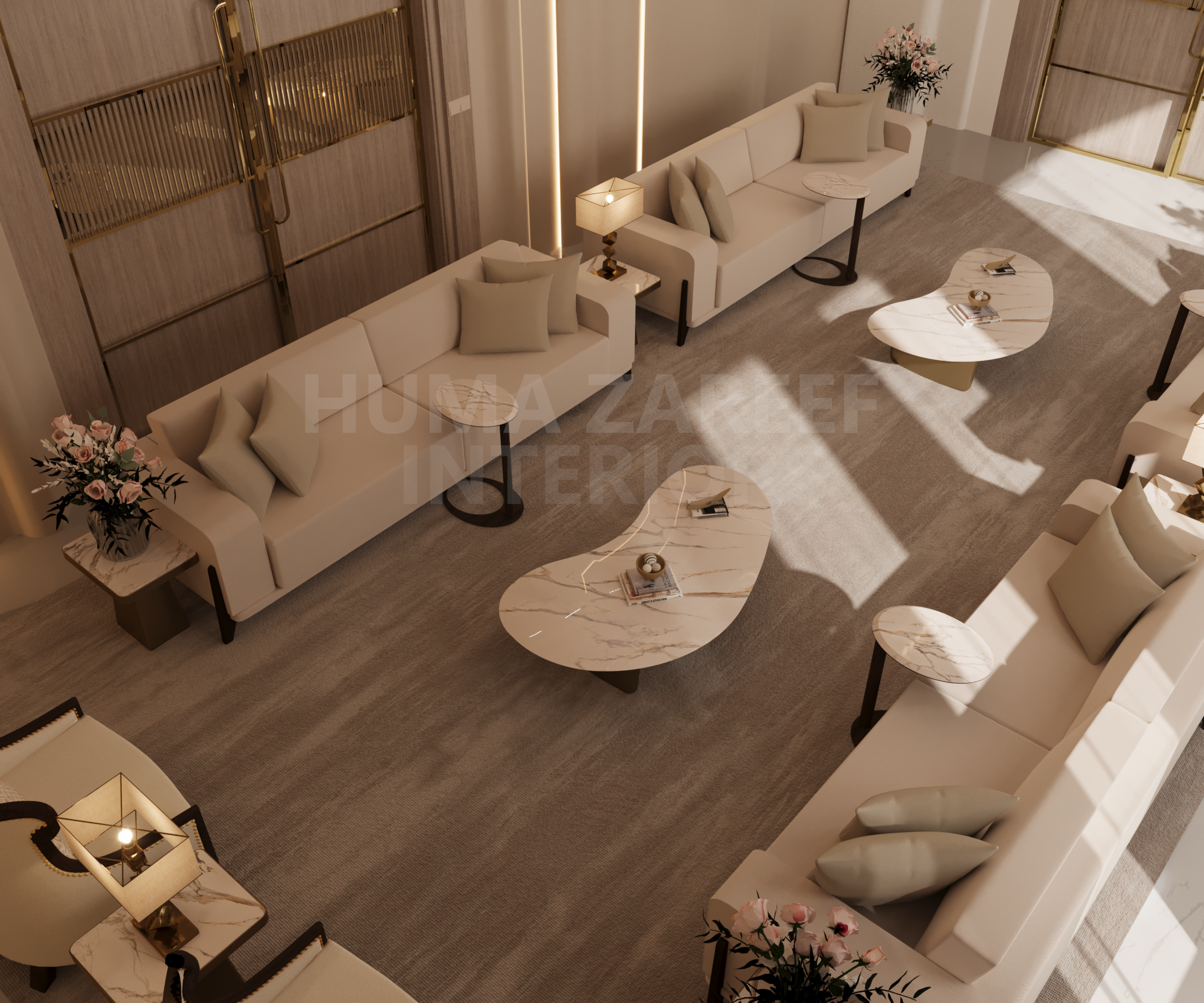 Elevated view of a modern hotel lobby with beige sofas, marble coffee tables, side tables with lamps, and decorative flowers, illuminated by natural light.