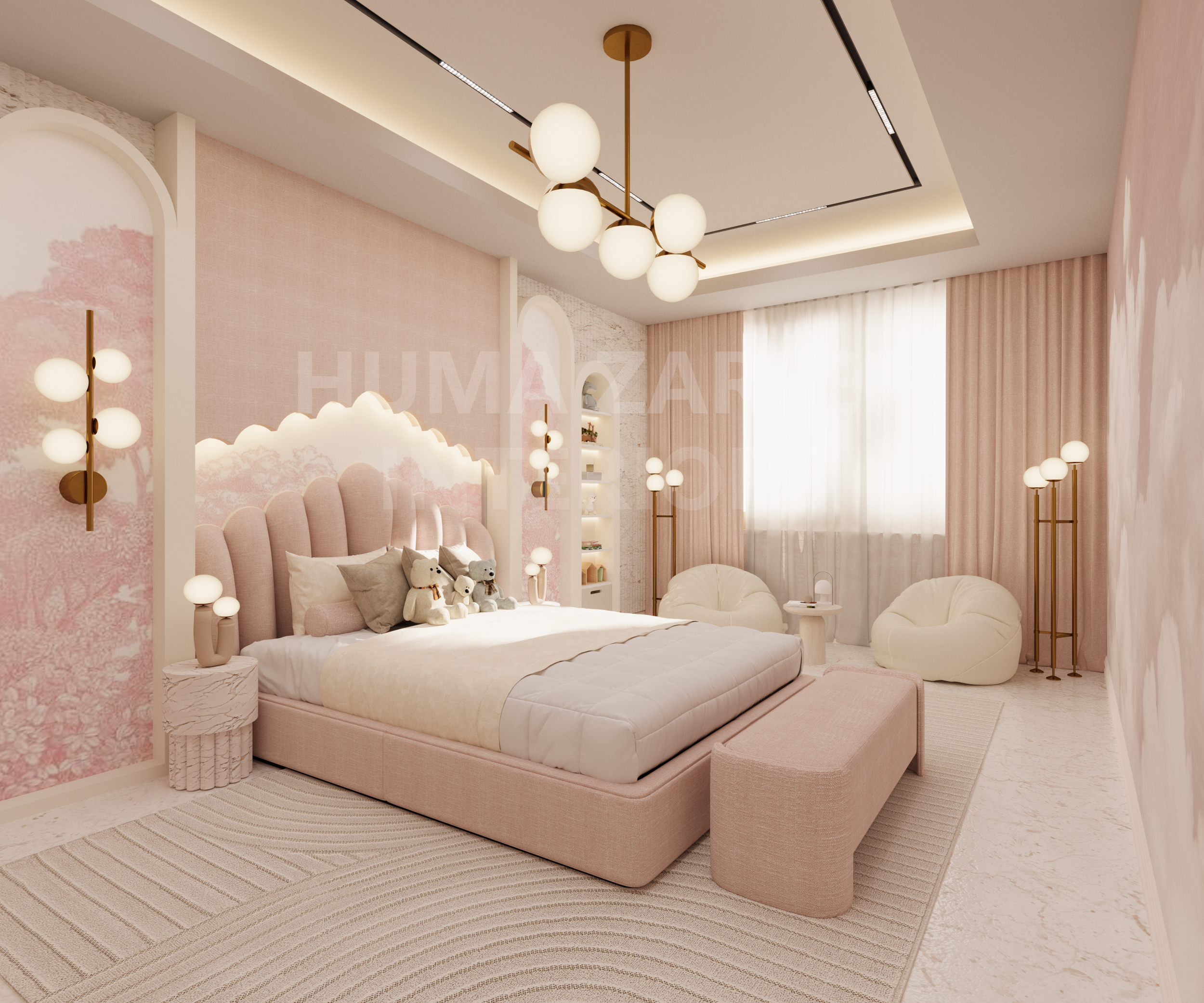 A bedroom with soft pink and cream tones, featuring a plush bed with teddy bears, modern lighting fixtures, and cozy seating near a window with pink curtains.