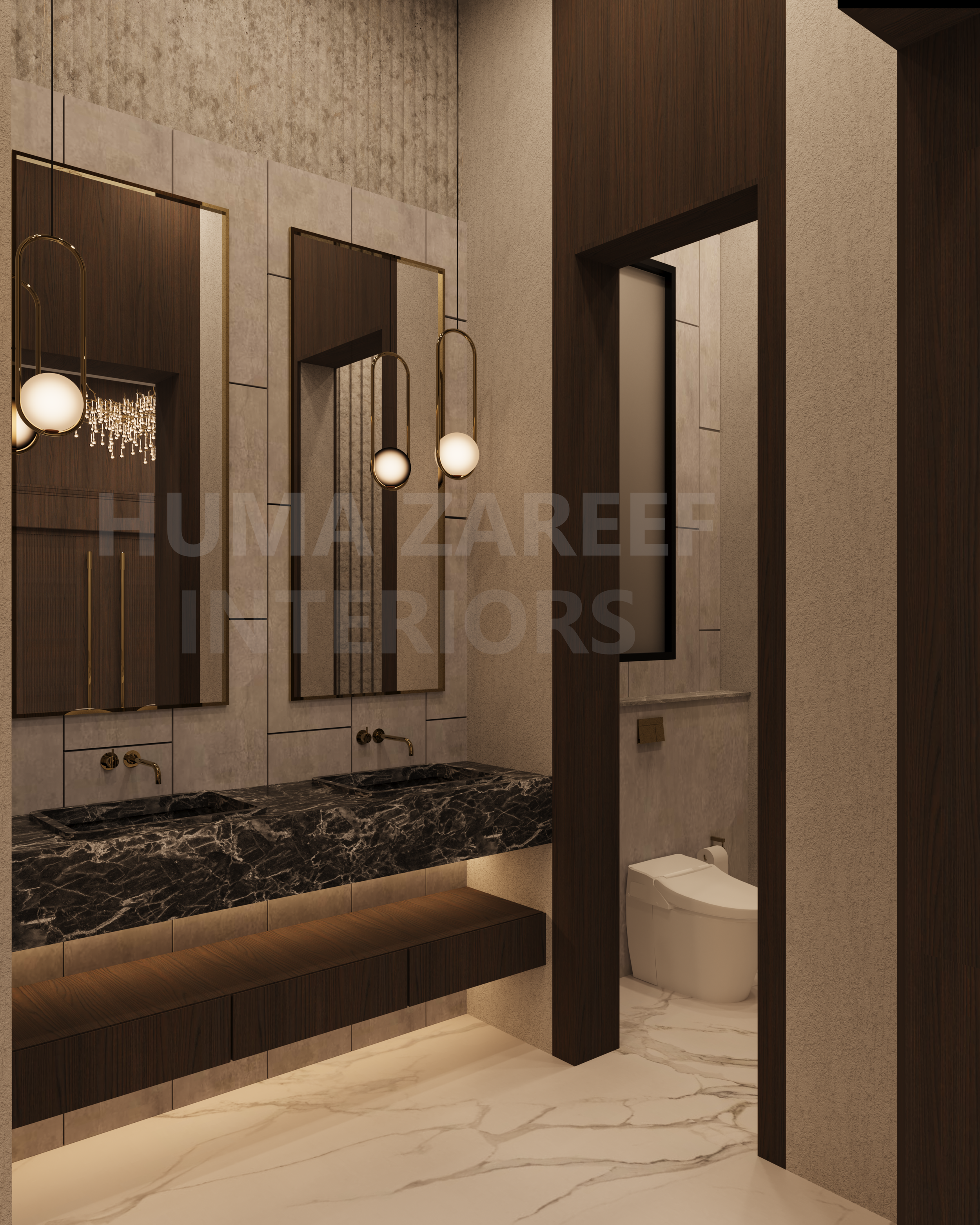 Modern bathroom with double vanity, black marble countertop, wooden cabinetry, large wall mirrors, stylish hanging light fixtures, and a separate toilet area visible through a partial divider.