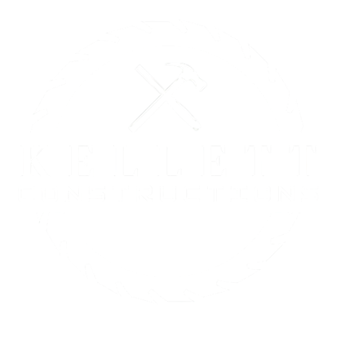 Logo for Kelleytt Constructions with a saw blade encircling the name and crossed hammer and saw above.
