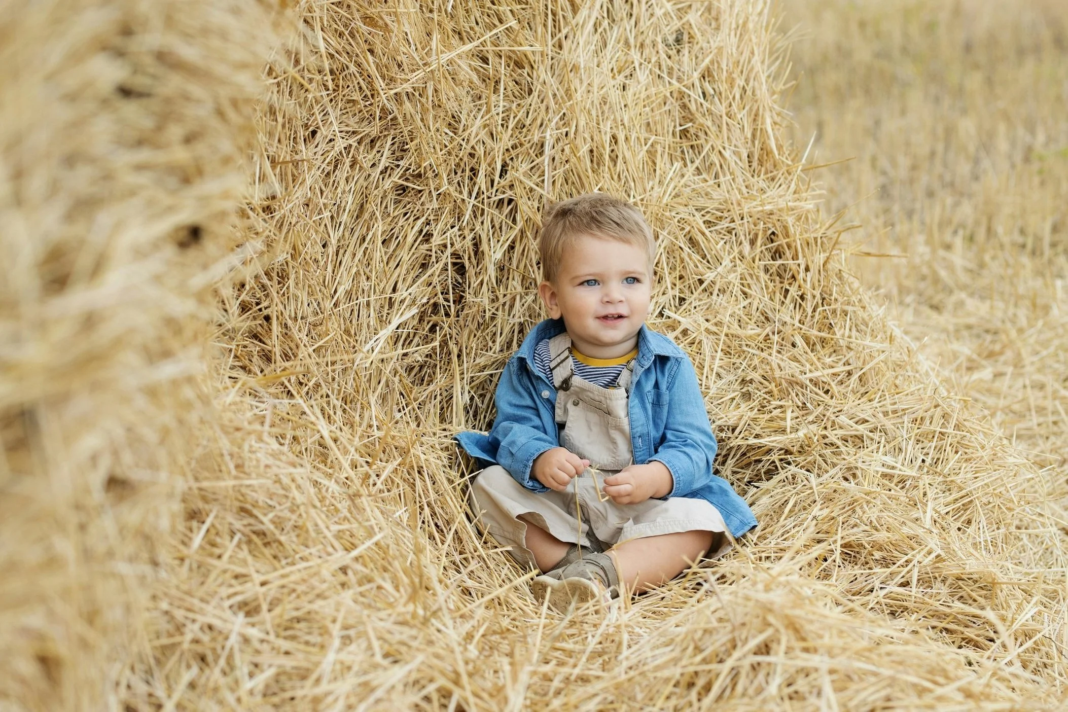 little boy with blue jacket sat in straw happy